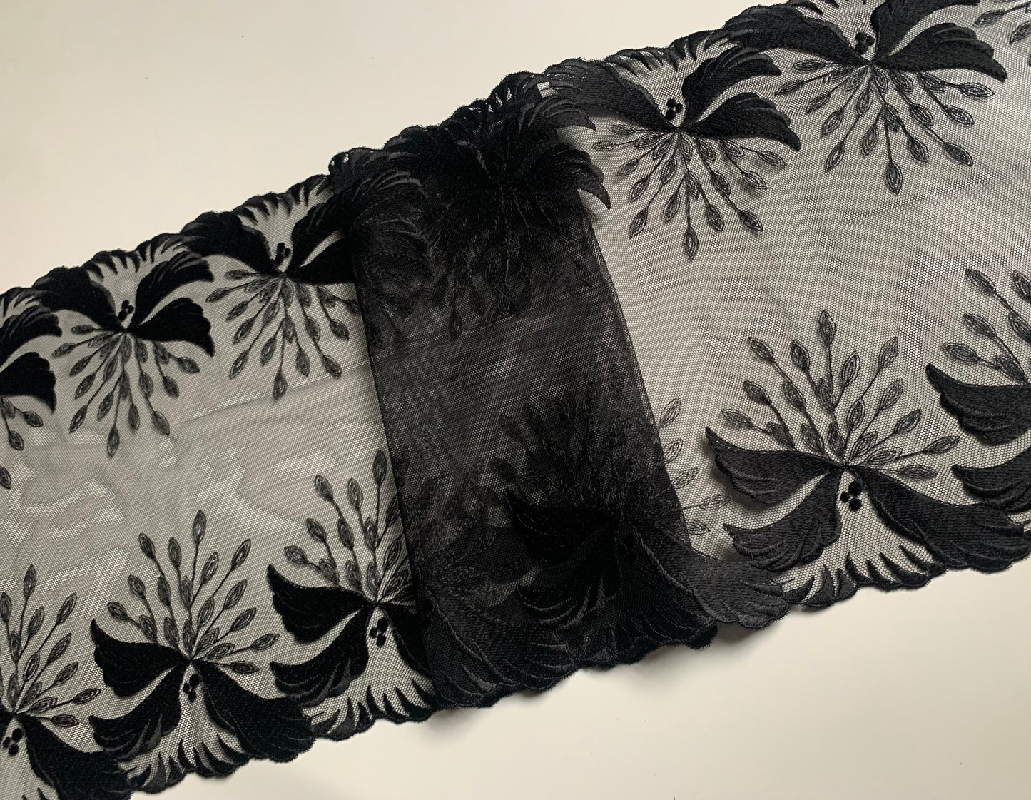 Black Embroidered Voile Lace Trim 9.5”/24cm Floral Scallop Edge Fabric for Bra Making Bramaking Knickers Lingerie Sewing Crafts