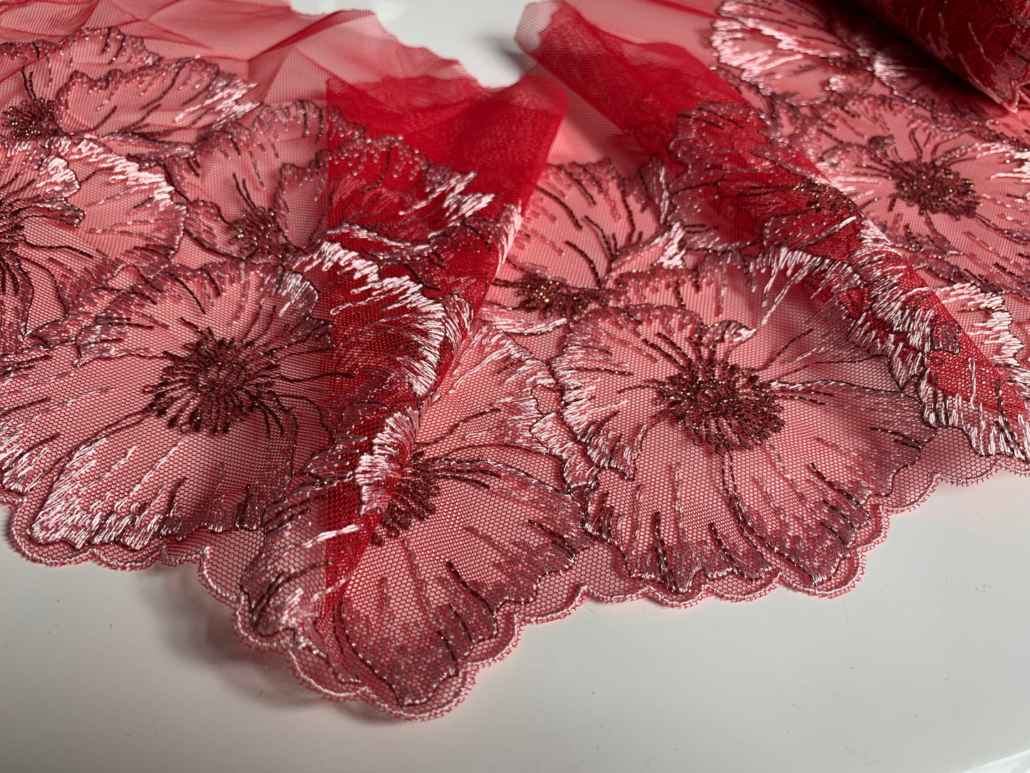 Deep Coral Red Tulle Lace Trim 7.5”/19cm Embroidered Pink Floral Scallop Edge Fabric for Bra Making Bramaking Knickers Lingerie Sewing Craft