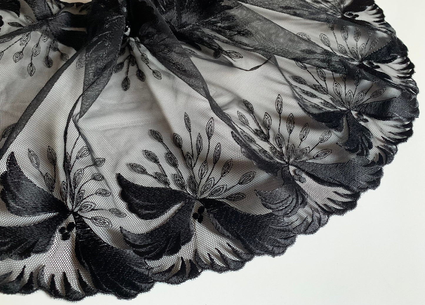 Black Embroidered Voile Lace Trim 9.5”/24cm Floral Scallop Edge Fabric for Bra Making Bramaking Knickers Lingerie Sewing Crafts