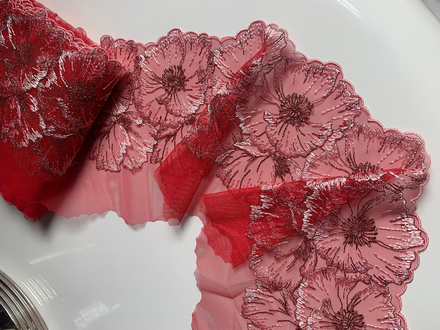 Deep Coral Red Tulle Lace Trim 7.5”/19cm Embroidered Pink Floral Scallop Edge Fabric for Bra Making Bramaking Knickers Lingerie Sewing Craft