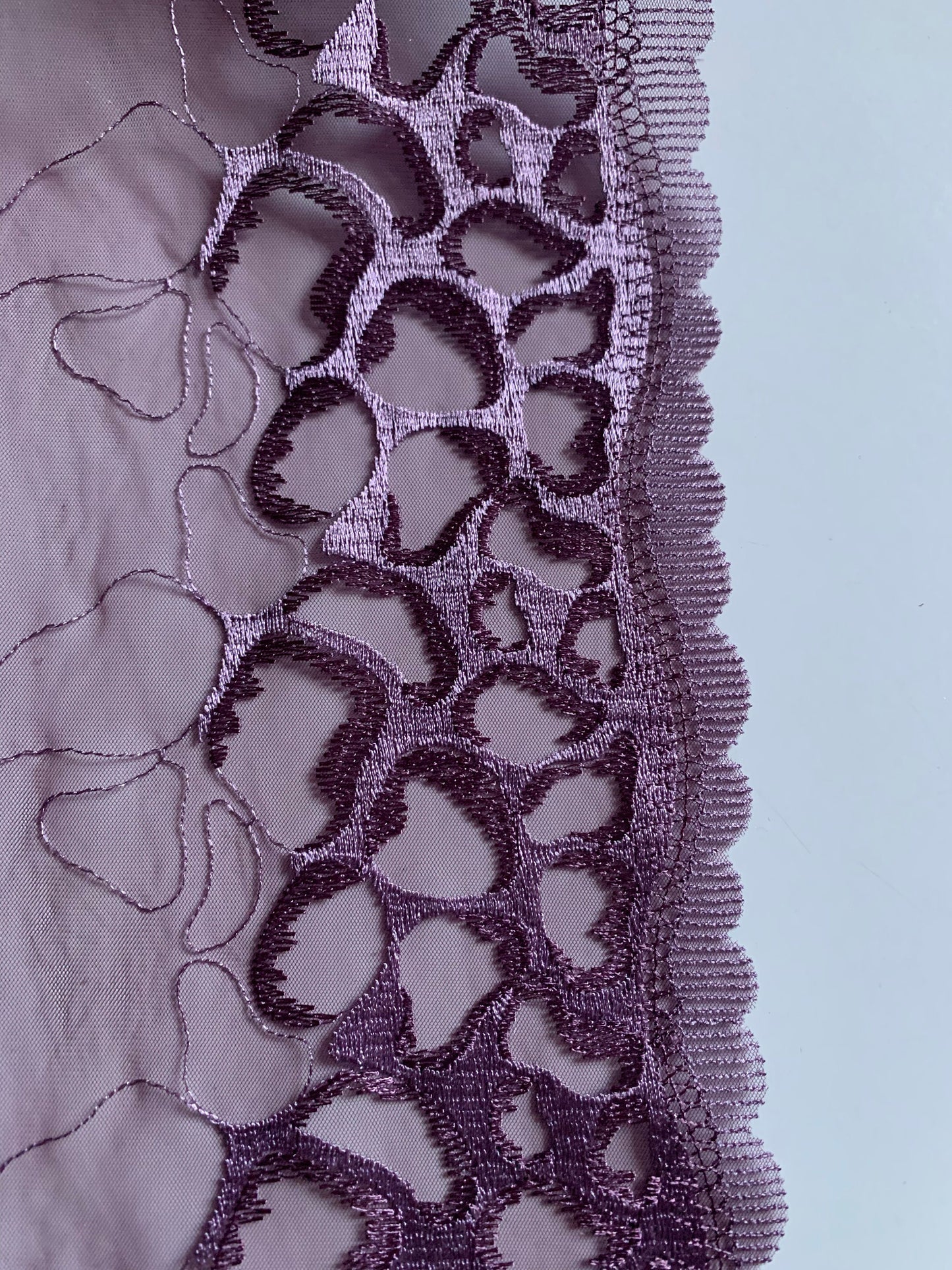 Lilac Leopard Embroidered Lace Trim 9.25”/23.5cm Purple Tulle Scallop Edge Fabric for Bra Making Knickers Lingerie Sewing Craft