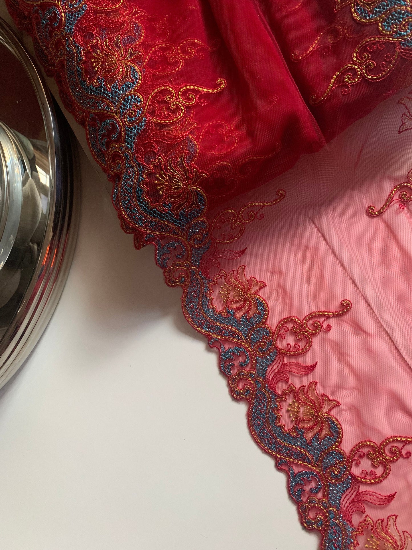 Red Blue Gold Embroidered Lace Trim 8.’5”/21.5cm Tulle Scallop Edge Fabric for Bra Making Knickers Lingerie Sewing Craft