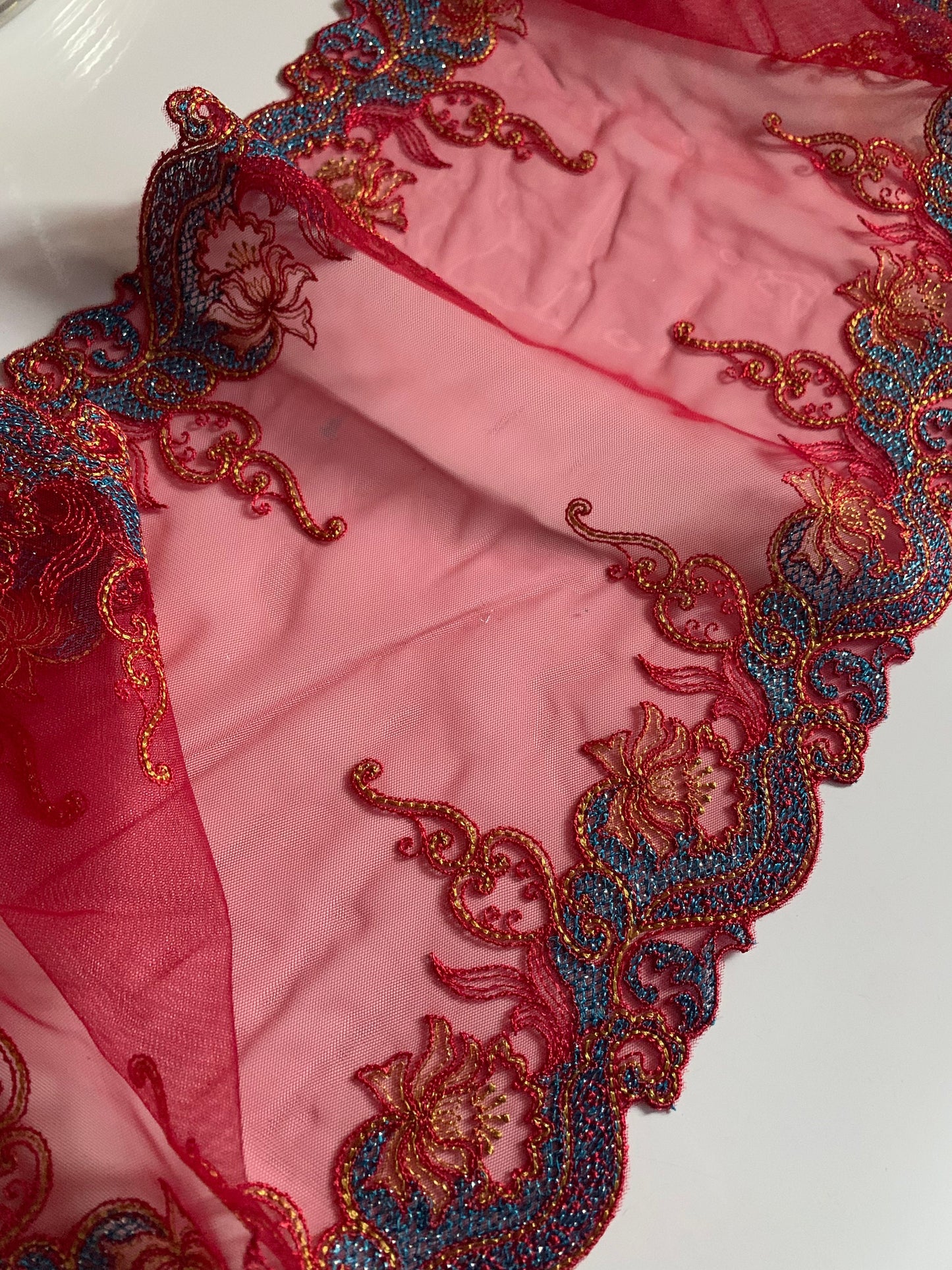 Red Blue Gold Embroidered Lace Trim 8.’5”/21.5cm Tulle Scallop Edge Fabric for Bra Making Knickers Lingerie Sewing Craft