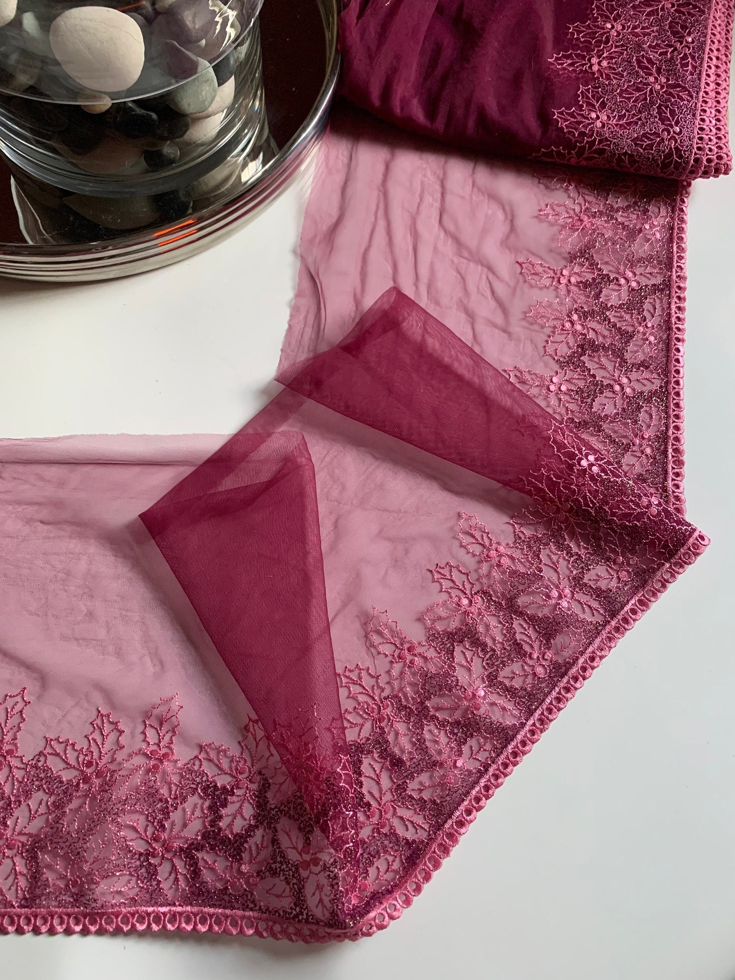 Pink Mistletoe Holly Shimmer Lace Trim 10.25”/26cm Embroidered Scallop Edge Fabric for Bra Making Bramaking Knickers Lingerie Sewing Craft
