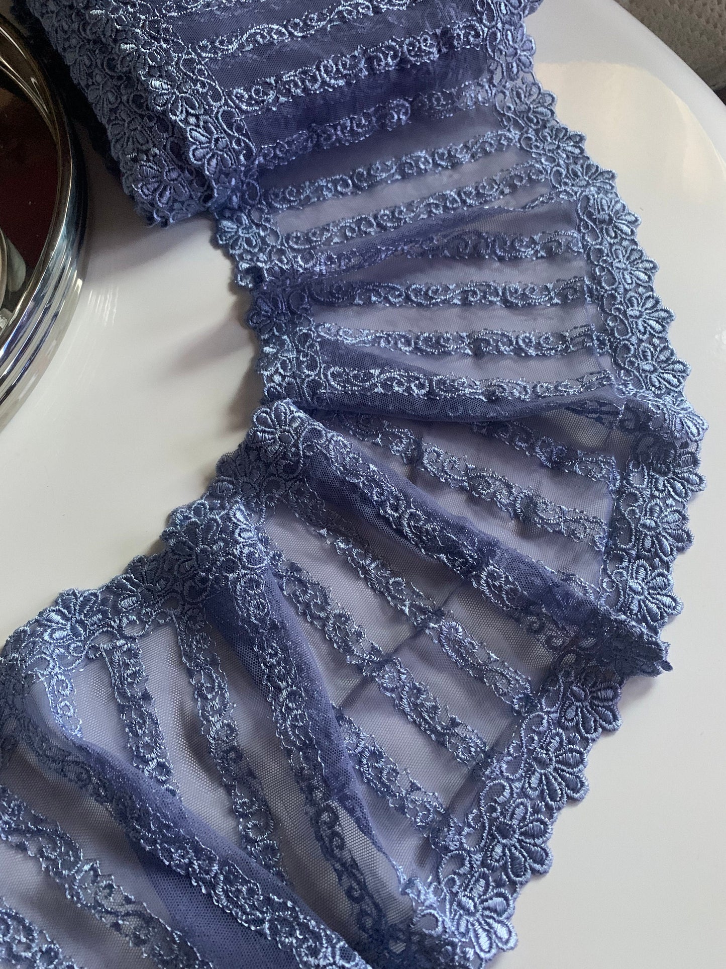 Periwinkle Blue Embroidered Lace Trim 7”/18cm Floral Scallop Edge Fabric for Bra Making Knickers Lingerie Sewing Craft