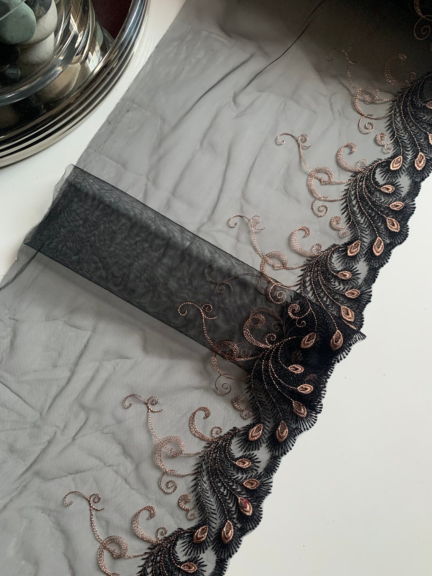 Black Peacock Embroidered Lace Trim 10.5”/27cm Tulle Scallop Edge Fabric for Bra Making Knickers Lingerie Sewing Craft