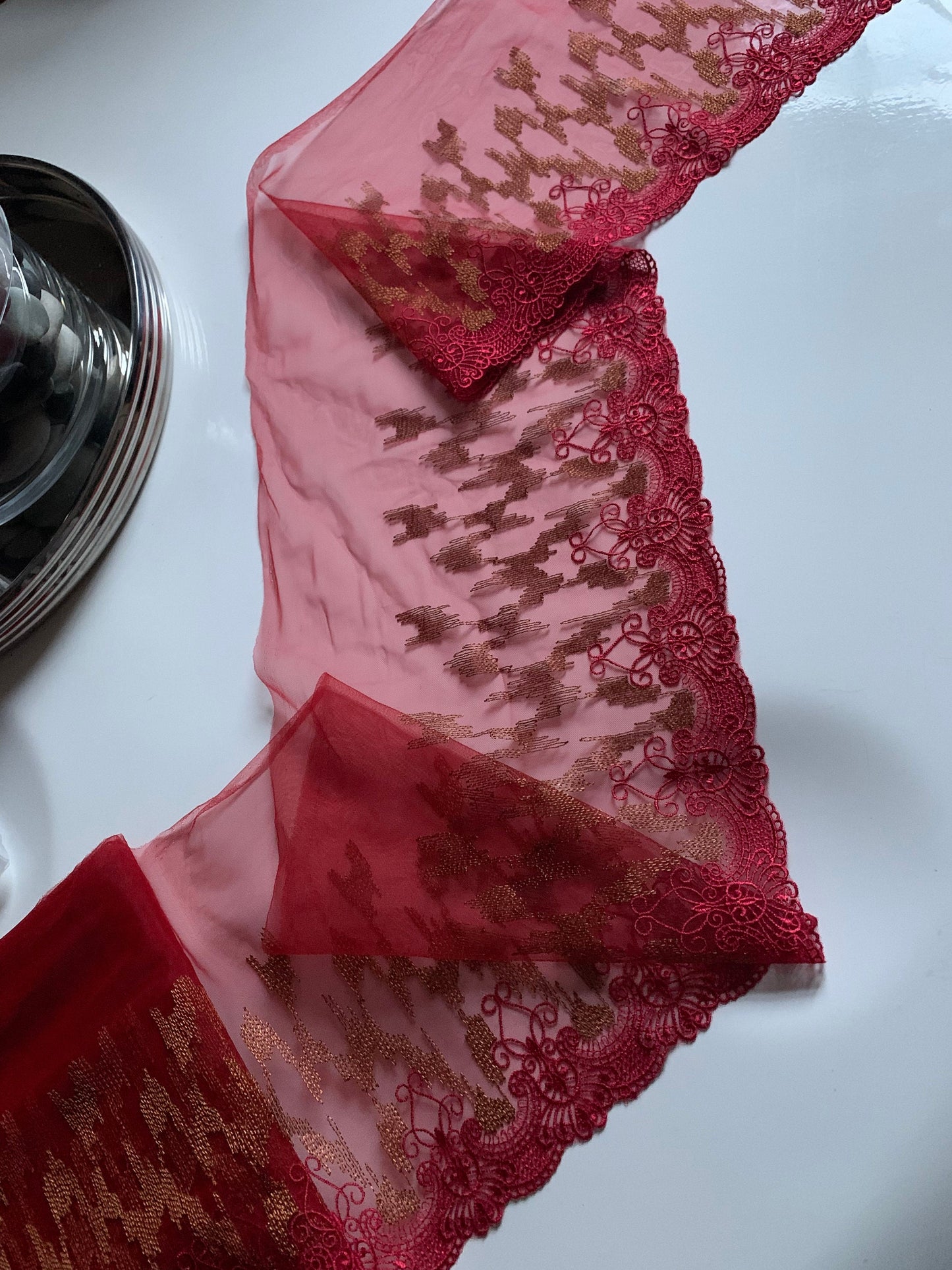Red Bronze Embroidered Lace Trim 9”/22.5cm Tulle Scallop Edge Fabric for Bra Making Knickers Lingerie Sewing Craft