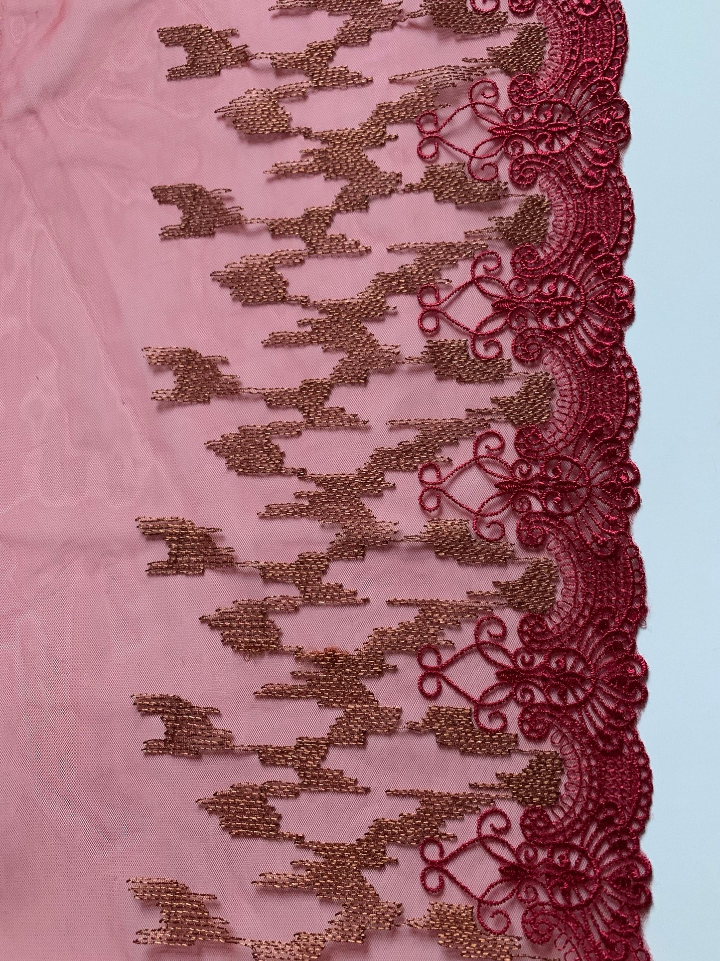 Red Bronze Embroidered Lace Trim 9”/22.5cm Tulle Scallop Edge Fabric for Bra Making Knickers Lingerie Sewing Craft