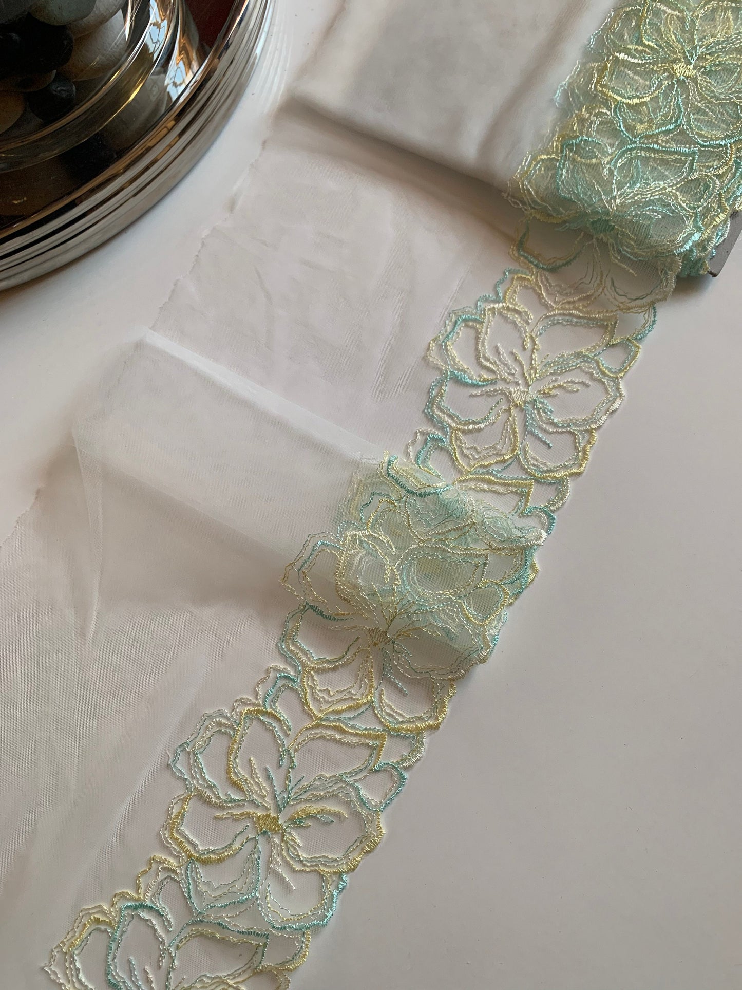 Pale Green Yellow Blue Floral Embroidered Lace Trim 7.5”/19cm White Tulle Scallop Edge Fabric for Bra Making Knickers Lingerie Sewing Craft