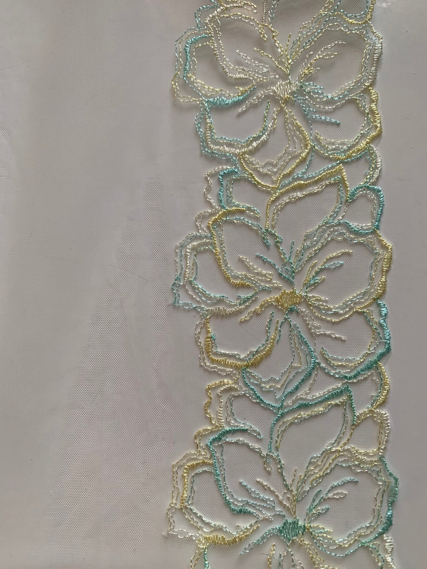 Pale Green Yellow Blue Floral Embroidered Lace Trim 7.5”/19cm White Tulle Scallop Edge Fabric for Bra Making Knickers Lingerie Sewing Craft