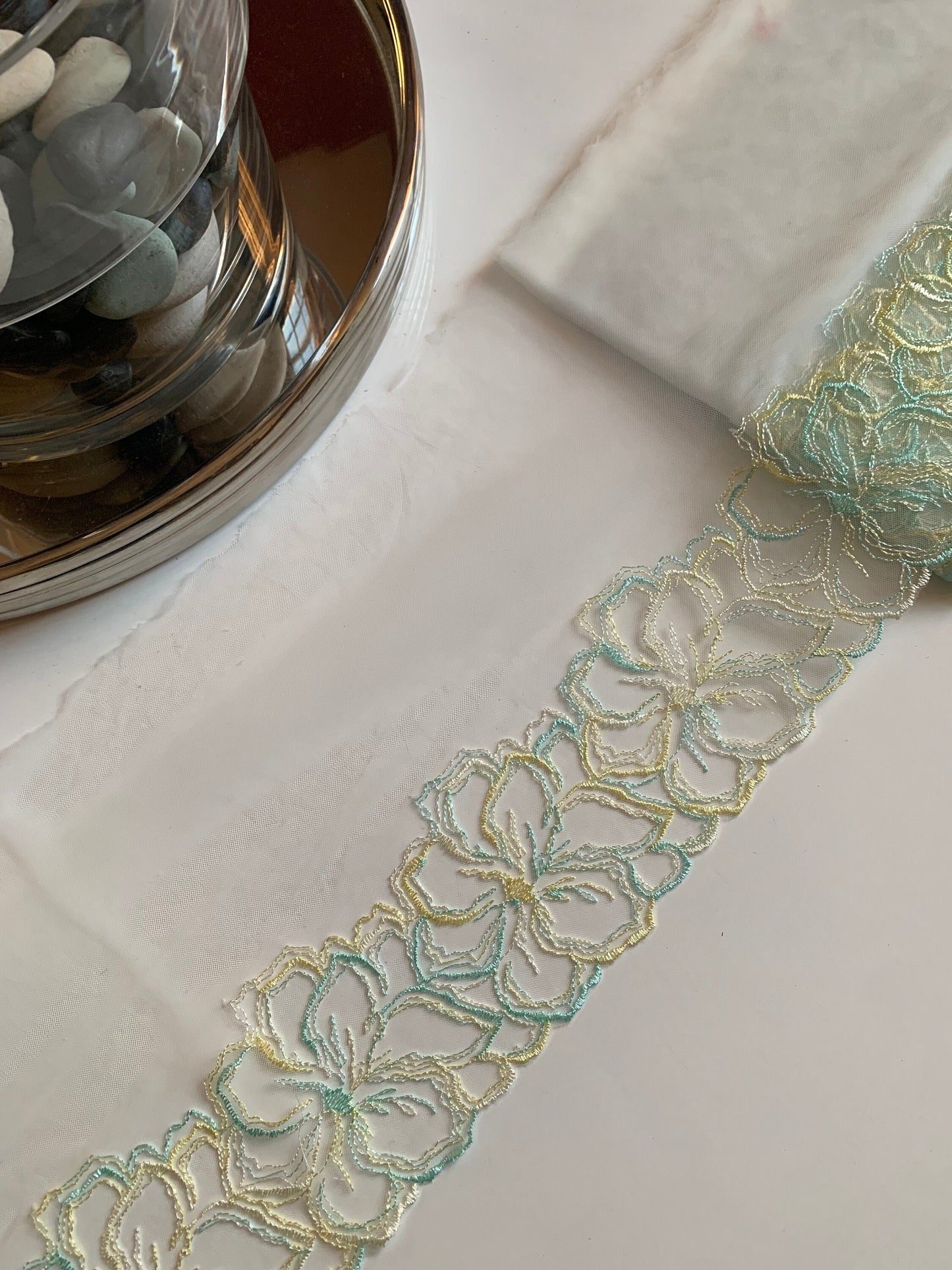 Pale Green Yellow Blue Floral Embroidered Lace Trim 7.5”/19cm White Tulle Scallop Edge Fabric for Bra Making Knickers Lingerie Sewing Craft