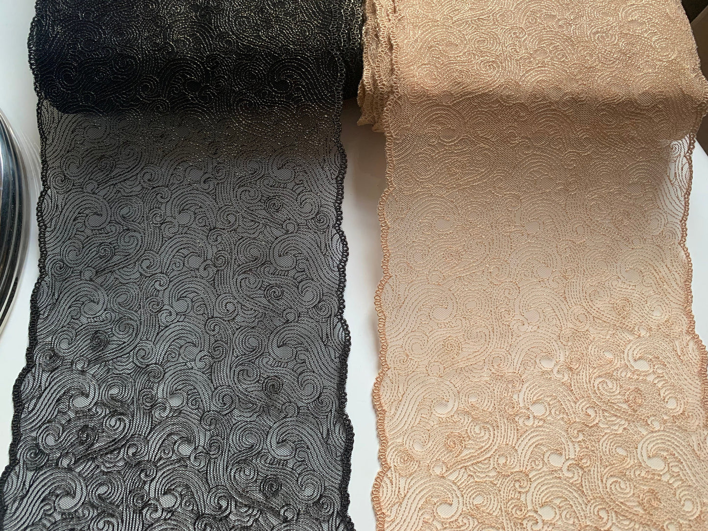 Black or Champagne Gold Shimmer Embroidered Lace Trim 7.5”/19.5cm Swirl Tulle Scallop Edge Fabric for Bra Making Knickers Lingerie Sewing