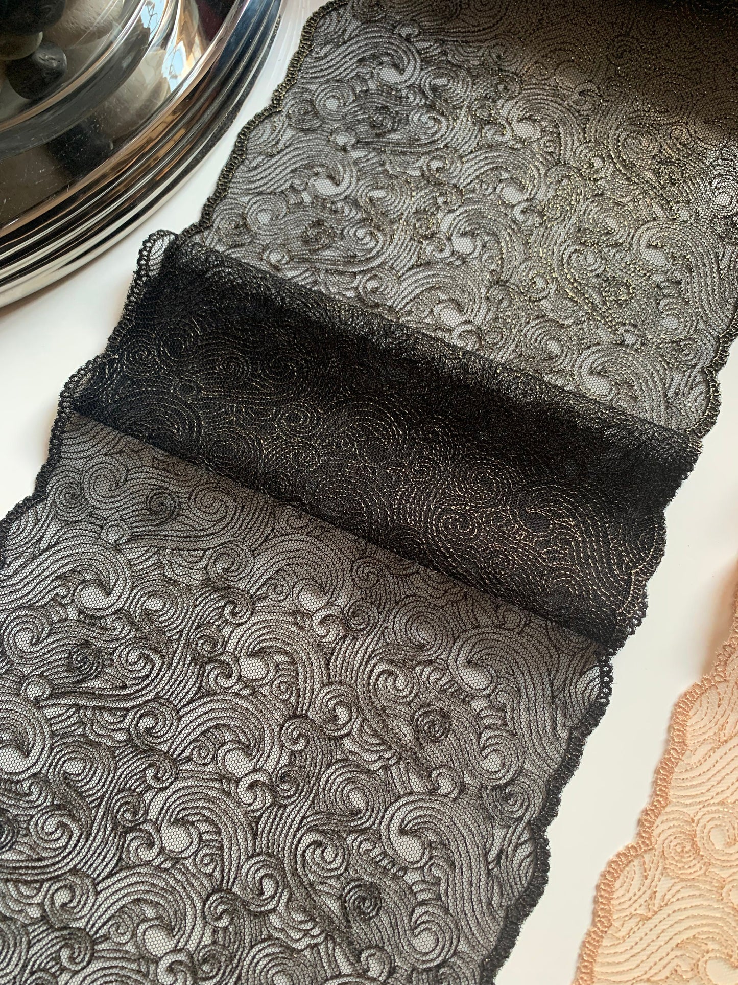 Black or Champagne Gold Shimmer Embroidered Lace Trim 7.5”/19.5cm Swirl Tulle Scallop Edge Fabric for Bra Making Knickers Lingerie Sewing