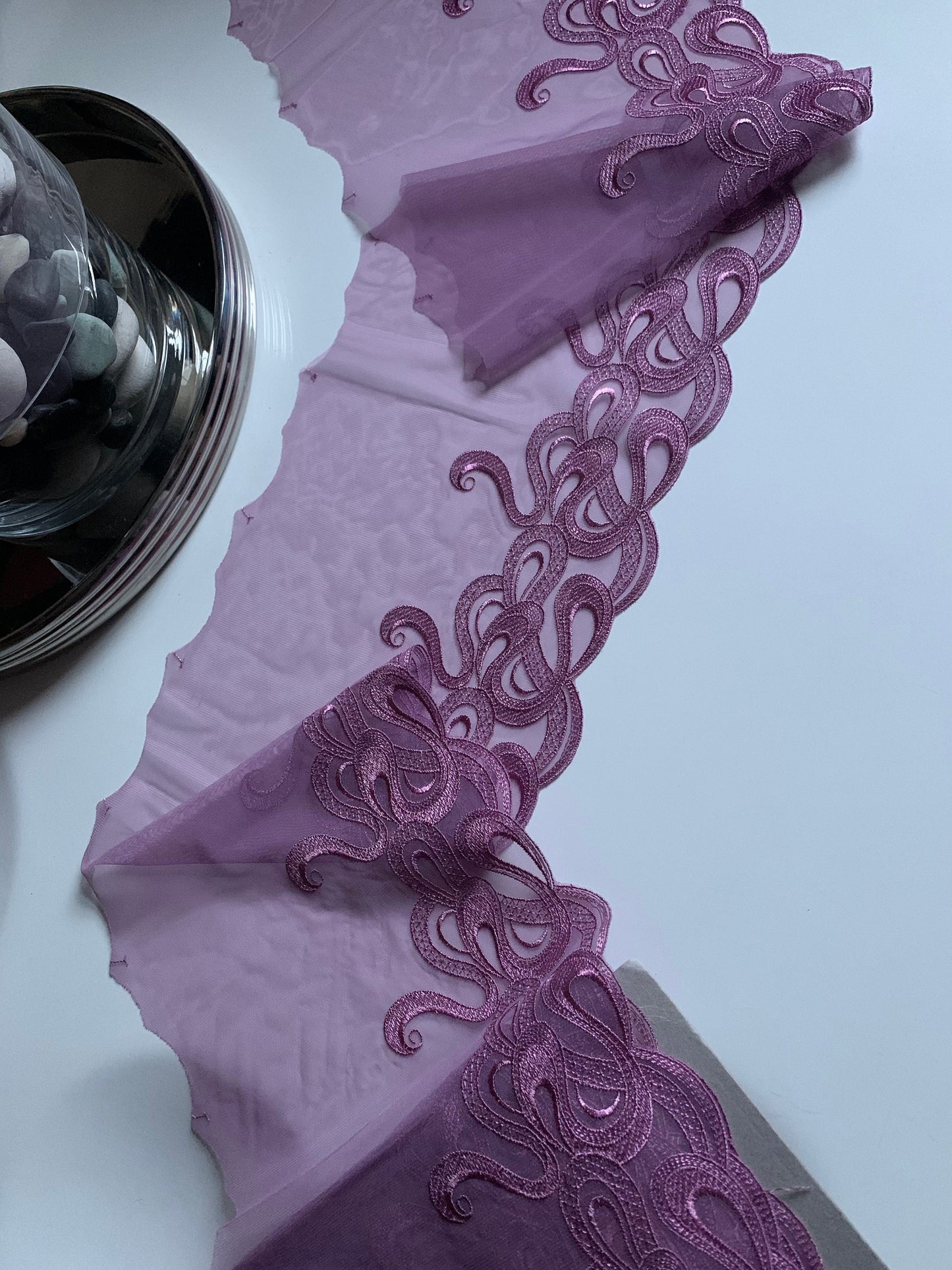 Lilac Swirl Embroidered Lace Trim 8.25”/21cm Tulle Scallop Edge Fabric for Bra Making Knickers Lingerie Sewing Craft