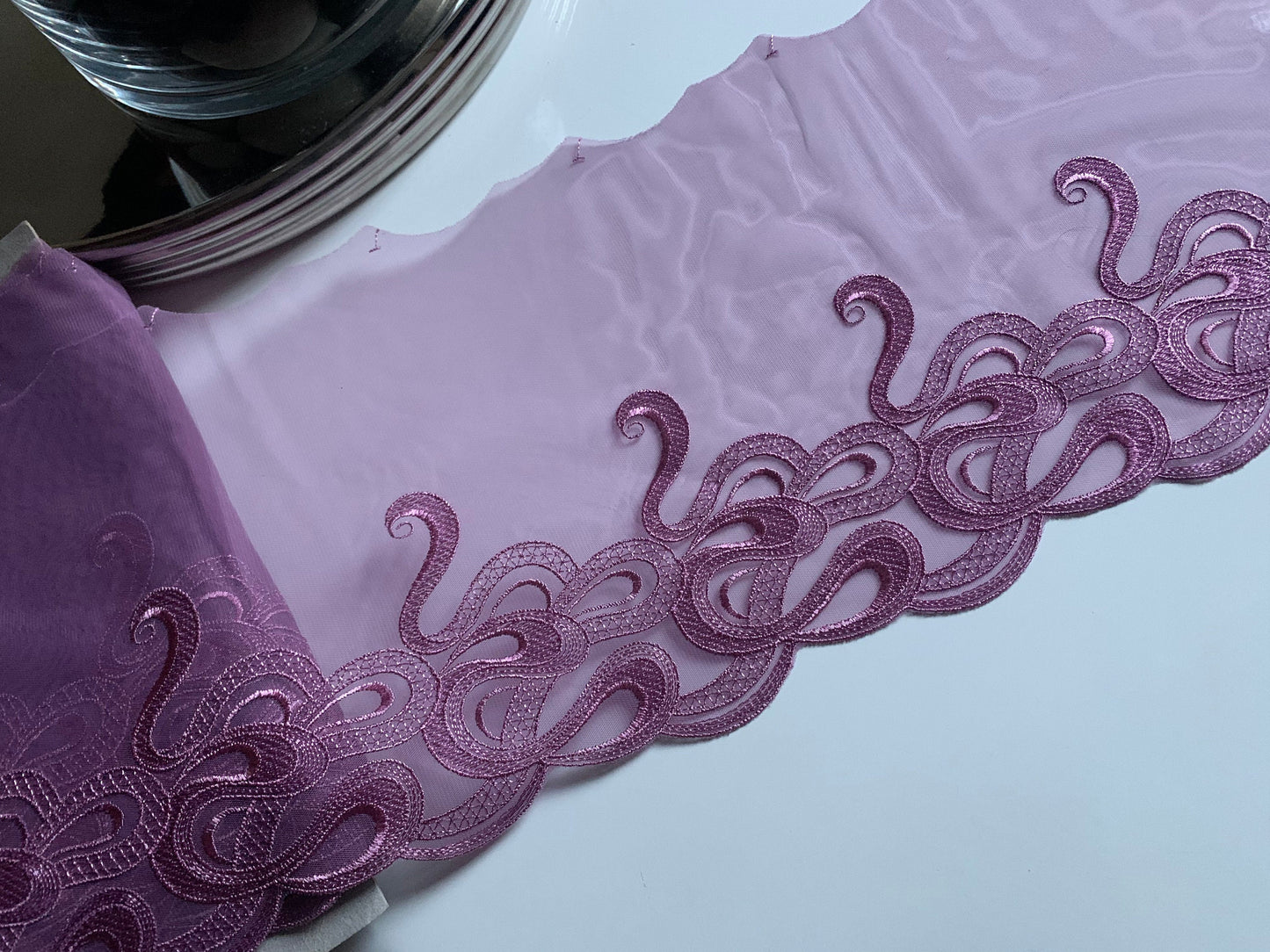 Lilac Swirl Embroidered Lace Trim 8.25”/21cm Tulle Scallop Edge Fabric for Bra Making Knickers Lingerie Sewing Craft