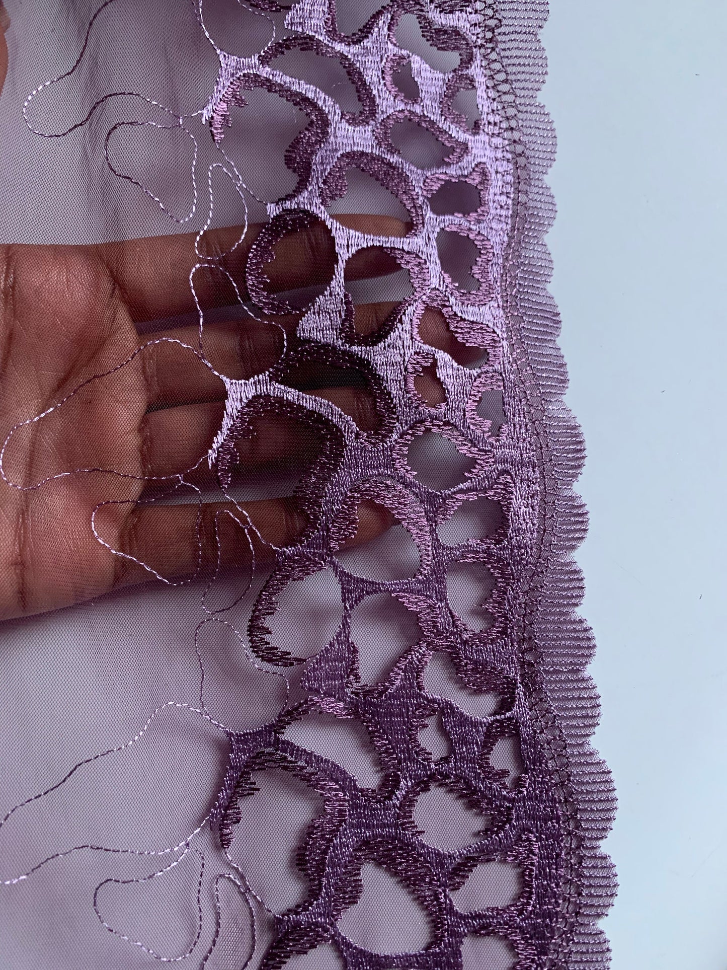 Lilac Leopard Embroidered Lace Trim 9.25”/23.5cm Purple Tulle Scallop Edge Fabric for Bra Making Knickers Lingerie Sewing Craft
