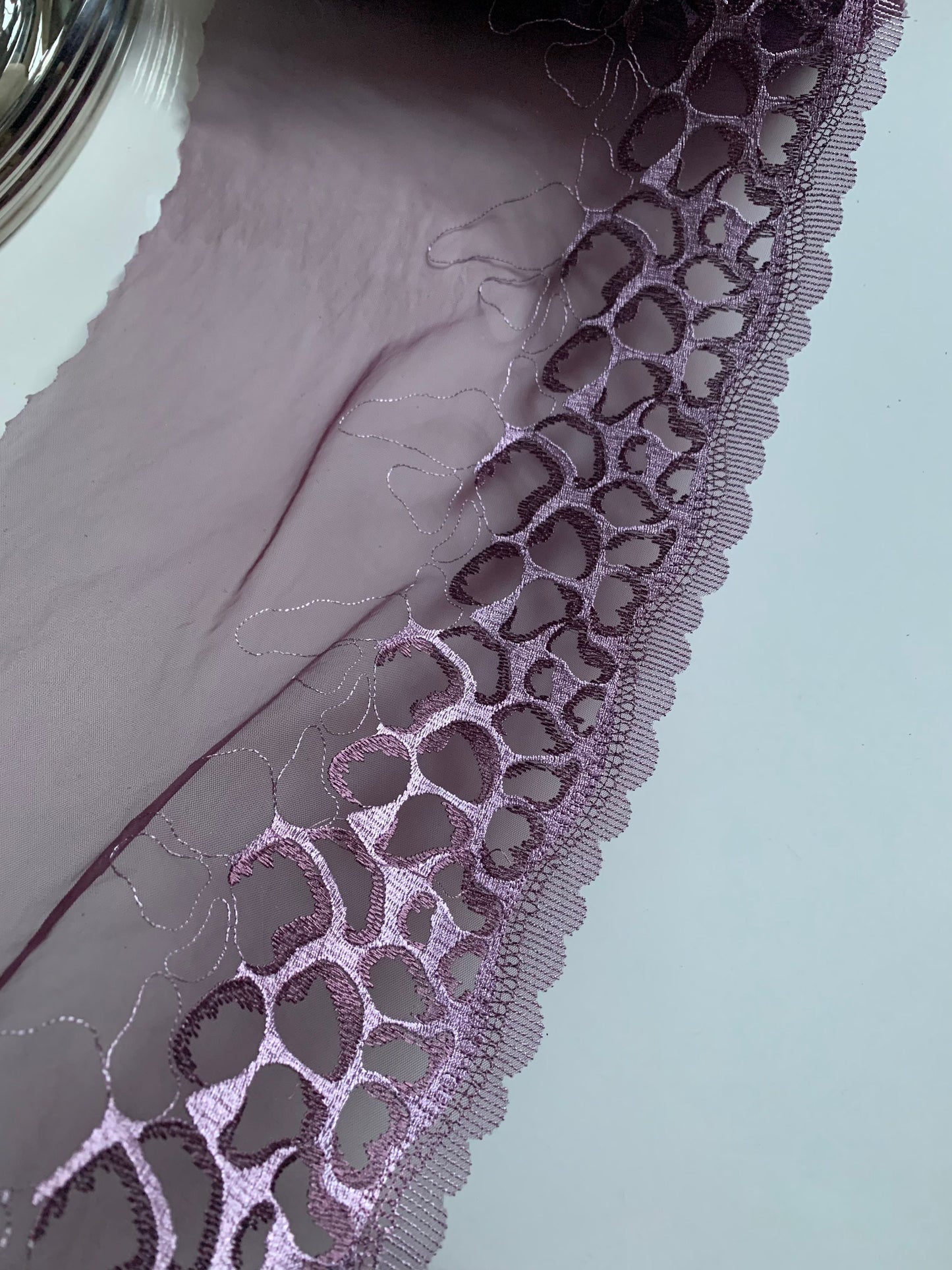 Lilac Leopard Embroidered Lace Trim 9.25”/23.5cm Purple Tulle Scallop Edge Fabric for Bra Making Knickers Lingerie Sewing Craft