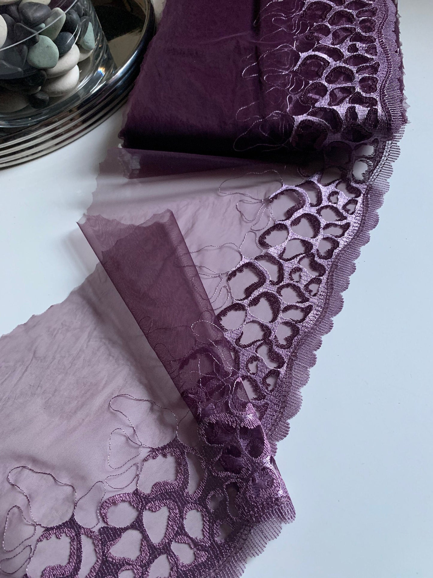 Lilac Leopard Embroidered Lace Trim 9.25”/23.5cm Purple Tulle Scallop Edge Fabric for Bra Making Knickers Lingerie Sewing Craft