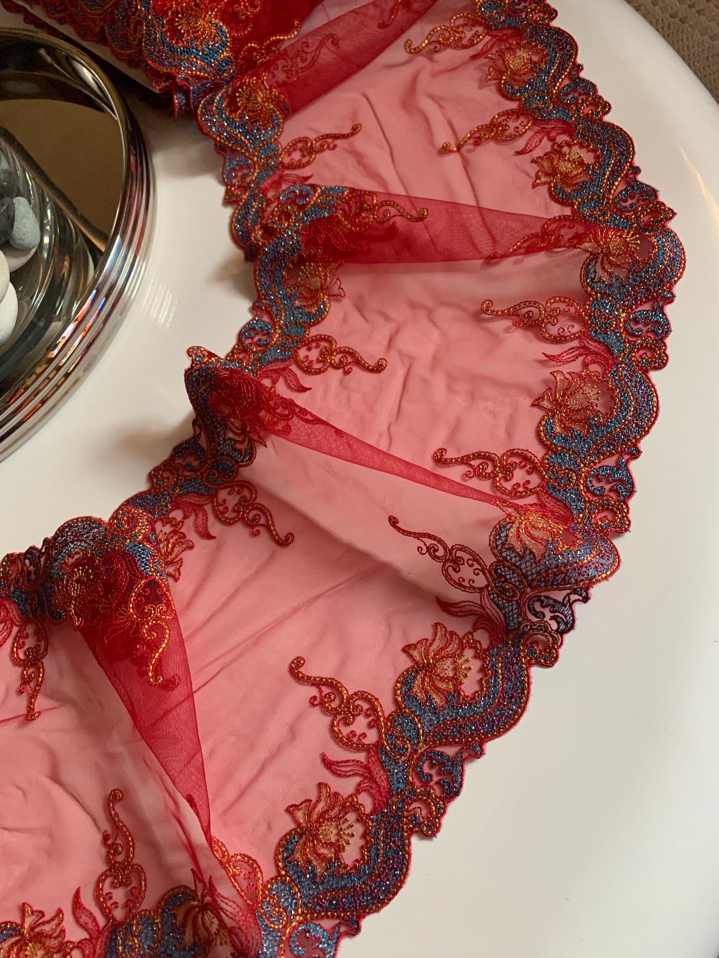 Red Blue Gold Embroidered Lace Trim 8.’5”/21.5cm Tulle Scallop Edge Fabric for Bra Making Knickers Lingerie Sewing Craft