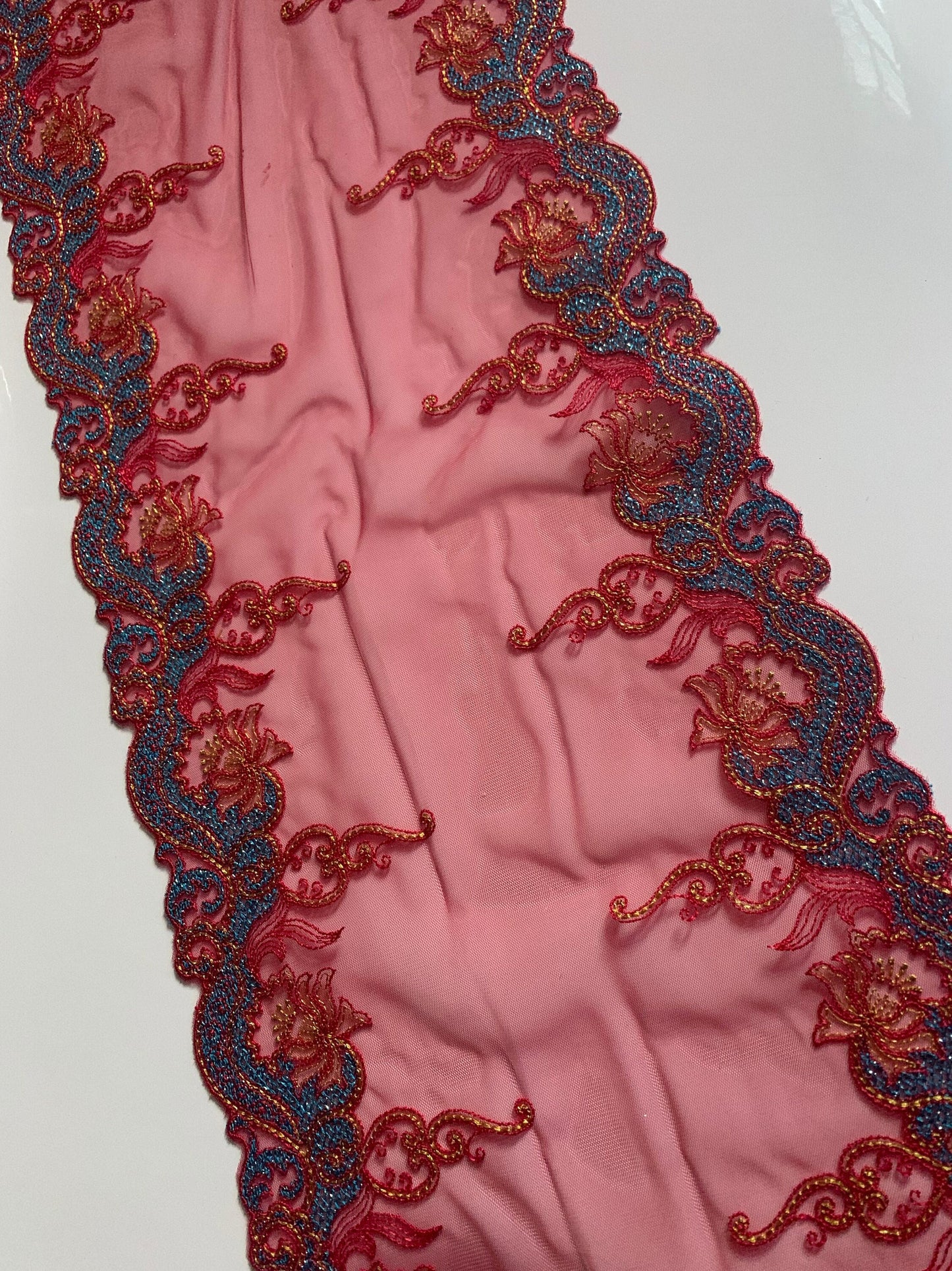 Red Blue Gold Embroidered Lace Trim 8.’5”/21.5cm Tulle Scallop Edge Fabric for Bra Making Knickers Lingerie Sewing Craft