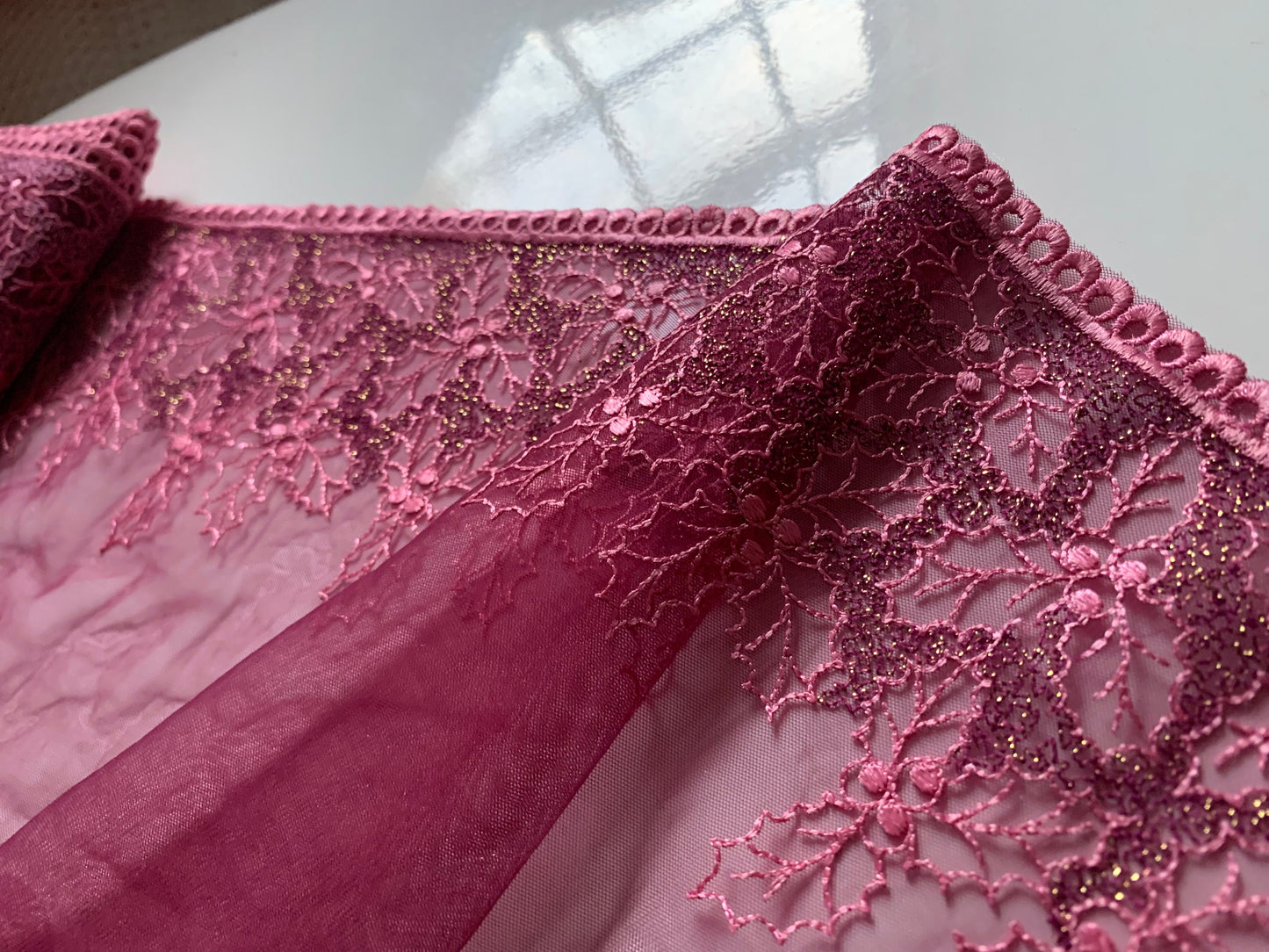 Pink Mistletoe Holly Shimmer Lace Trim 10.25”/26cm Embroidered Scallop Edge Fabric for Bra Making Bramaking Knickers Lingerie Sewing Craft
