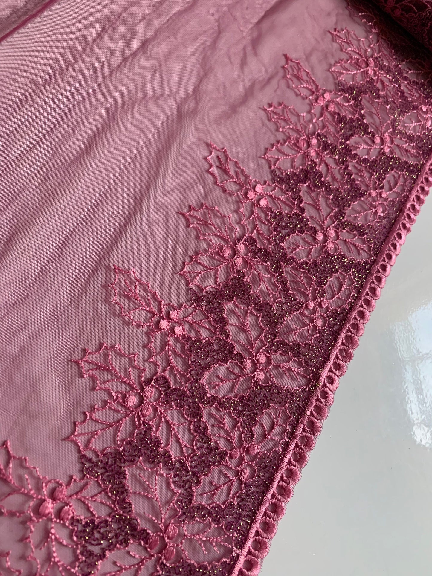 Pink Mistletoe Holly Shimmer Lace Trim 10.25”/26cm Embroidered Scallop Edge Fabric for Bra Making Bramaking Knickers Lingerie Sewing Craft