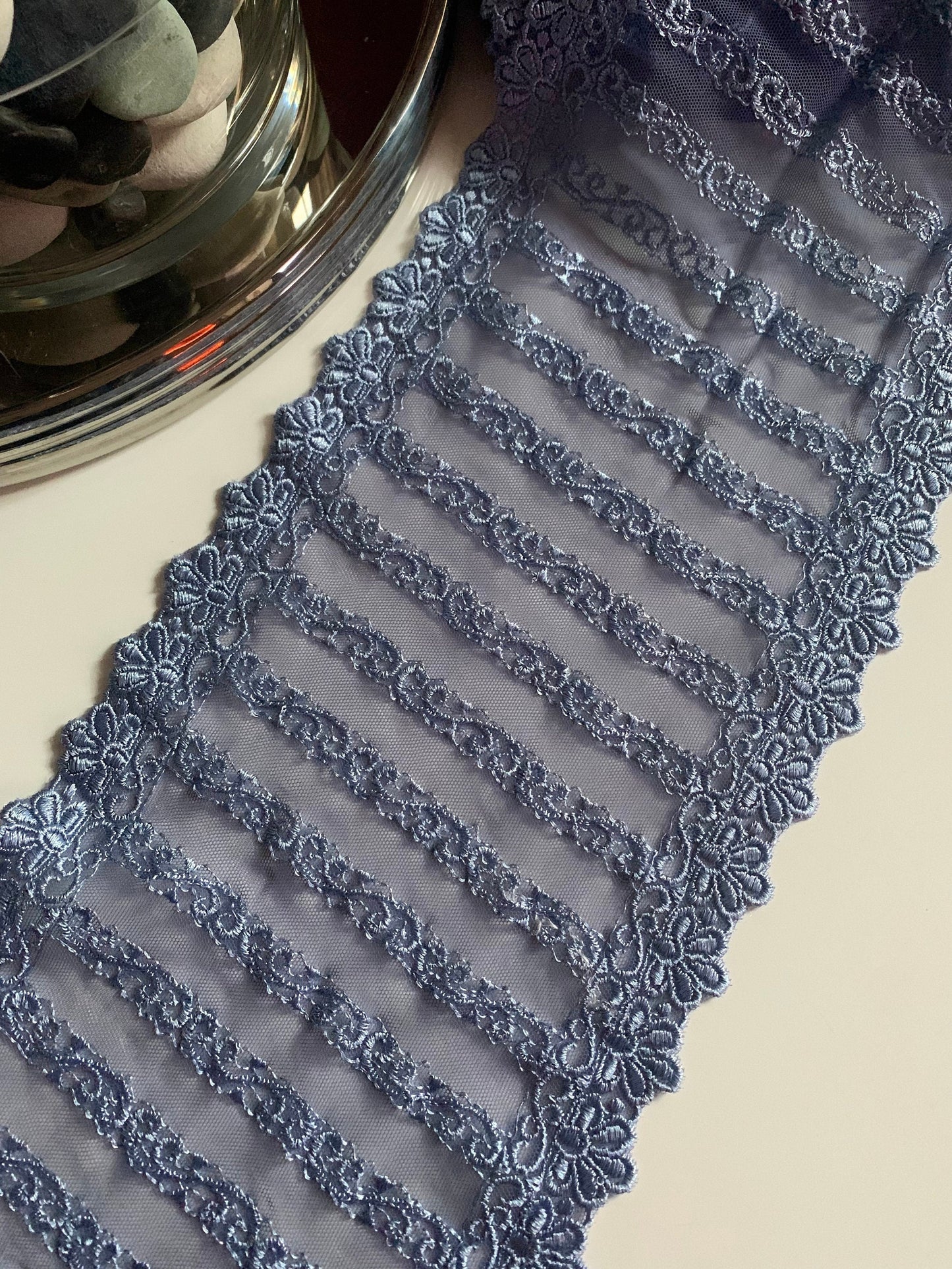 Periwinkle Blue Embroidered Lace Trim 7”/18cm Floral Scallop Edge Fabric for Bra Making Knickers Lingerie Sewing Craft