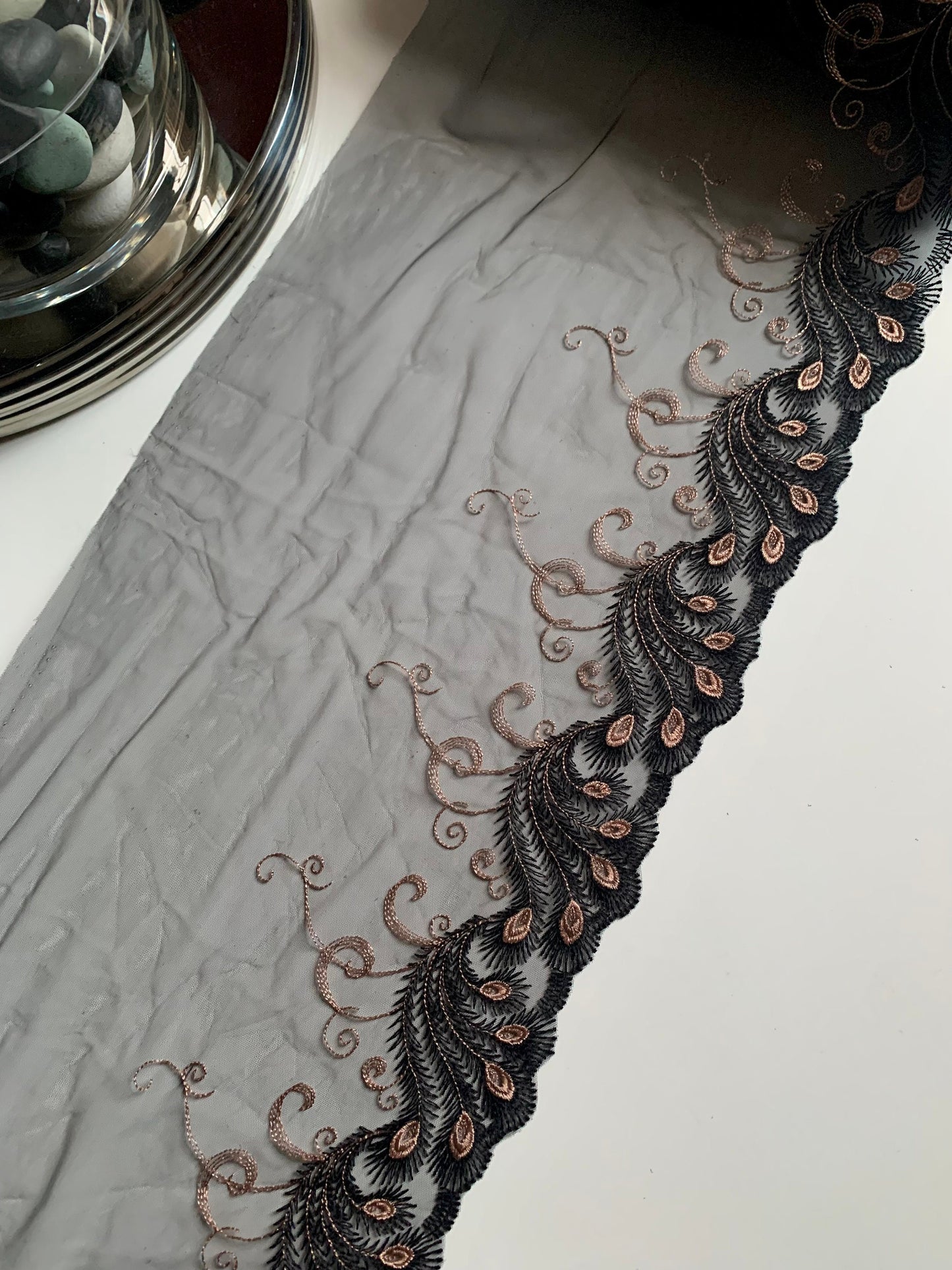 Black Peacock Embroidered Lace Trim 10.5”/27cm Tulle Scallop Edge Fabric for Bra Making Knickers Lingerie Sewing Craft
