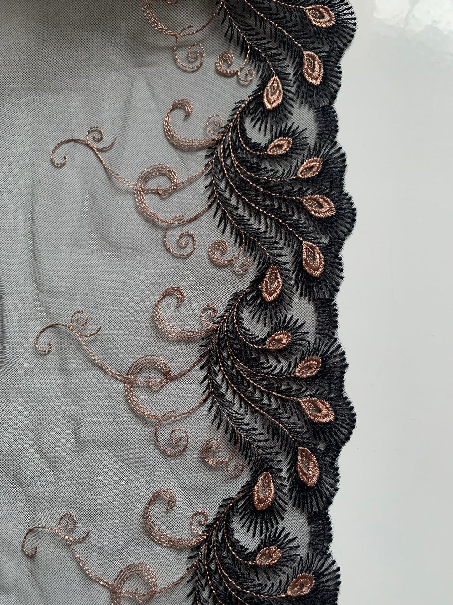 Black Peacock Embroidered Lace Trim 10.5”/27cm Tulle Scallop Edge Fabric for Bra Making Knickers Lingerie Sewing Craft