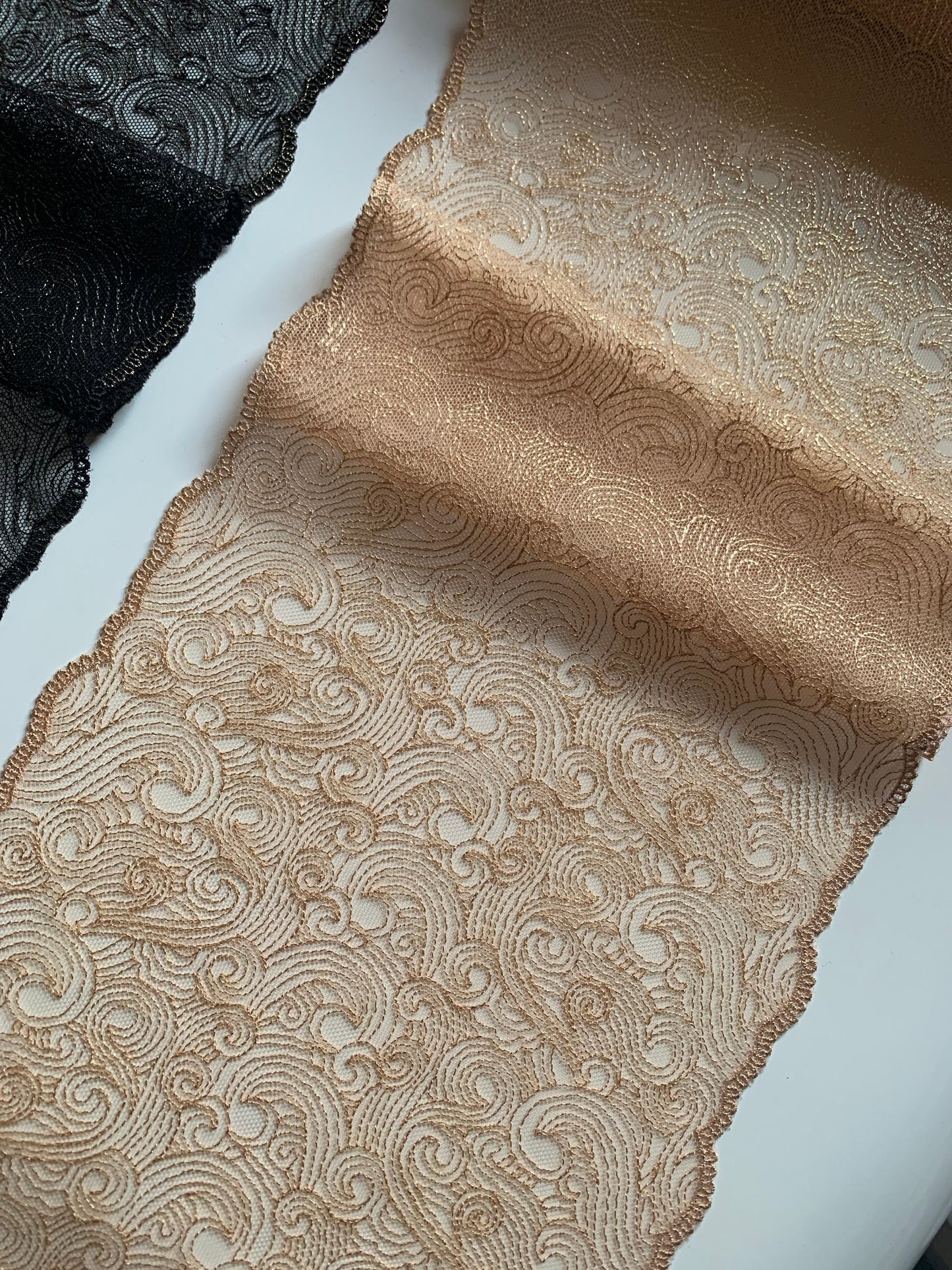 Black or Champagne Gold Shimmer Embroidered Lace Trim 7.5”/19.5cm Swirl Tulle Scallop Edge Fabric for Bra Making Knickers Lingerie Sewing