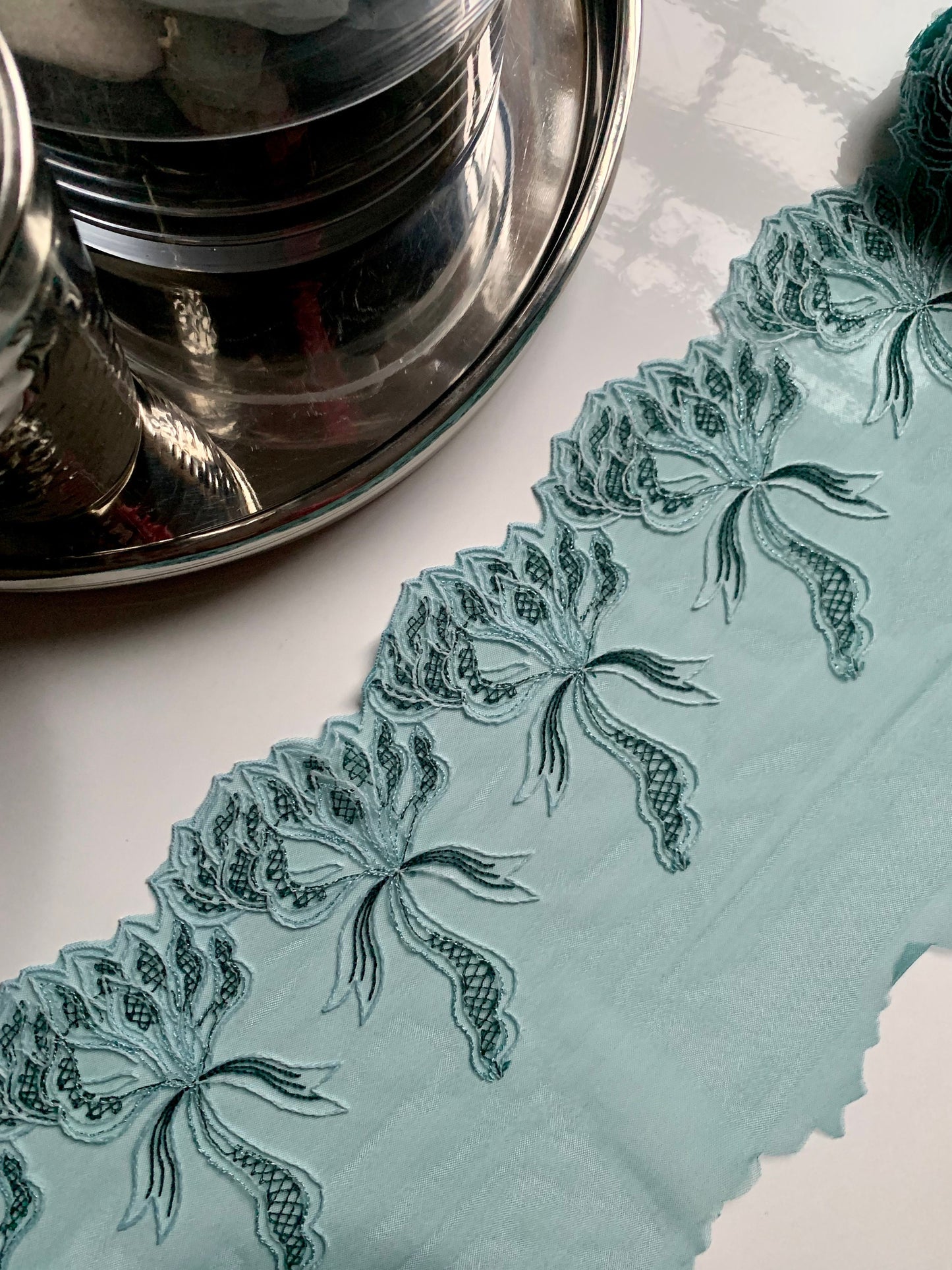 Mint Blue Green Tulle Lace Trim 8”/20cm Embroidered Floral Scallop Edge Fabric for Bra Making Bramaking Knickers Lingerie Sewing Craft