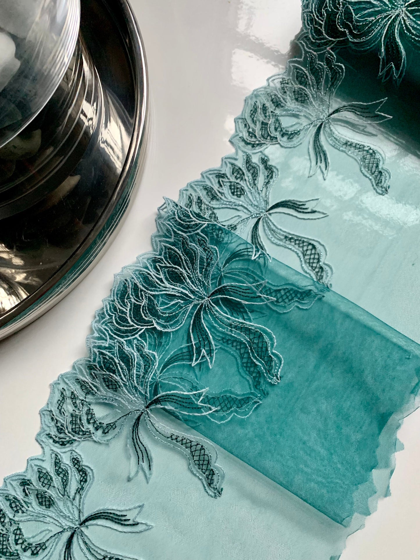 Mint Blue Green Tulle Lace Trim 8”/20cm Embroidered Floral Scallop Edge Fabric for Bra Making Bramaking Knickers Lingerie Sewing Craft