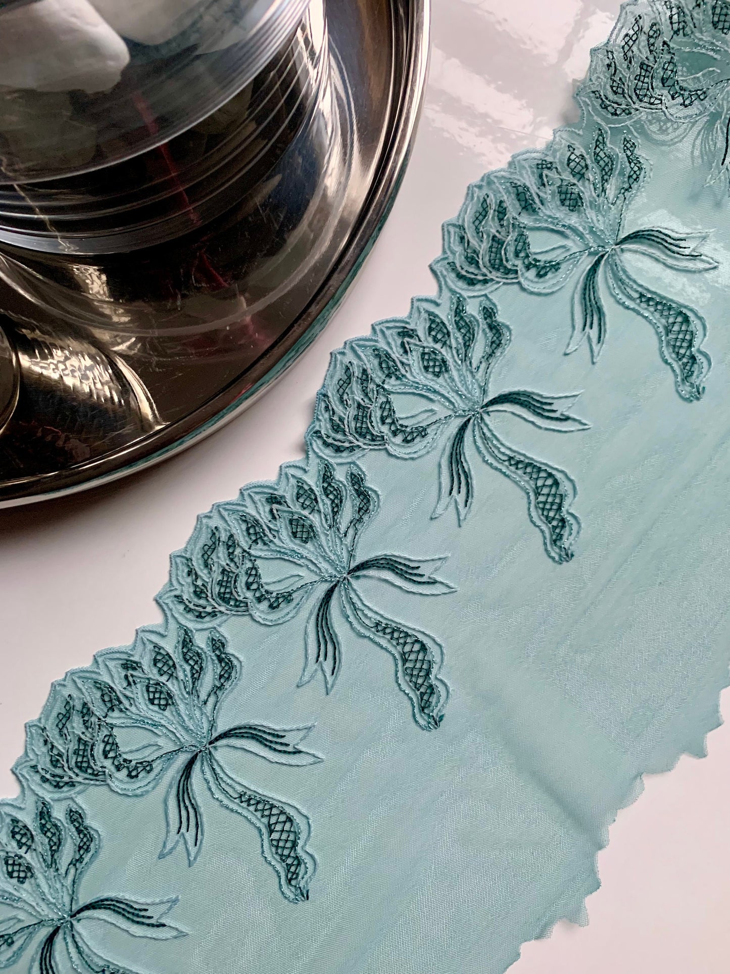 Mint Blue Green Tulle Lace Trim 8”/20cm Embroidered Floral Scallop Edge Fabric for Bra Making Bramaking Knickers Lingerie Sewing Craft
