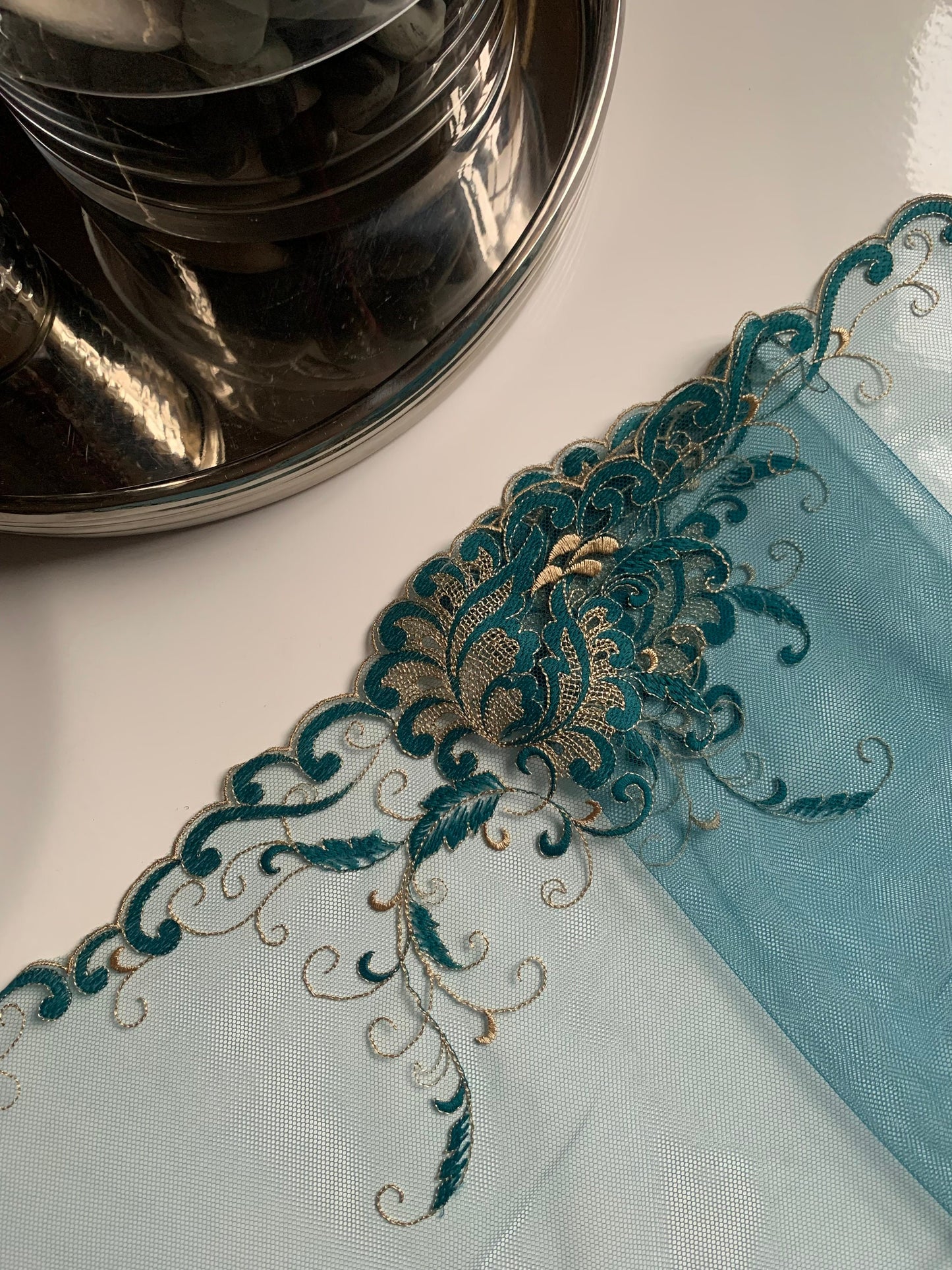 Blue Champagne Gold Lace Trim 10”/25.5cm Embroidered Floral Scallop Edge Fabric for Bra Making Bramaking Knickers Lingerie Sewing Craft