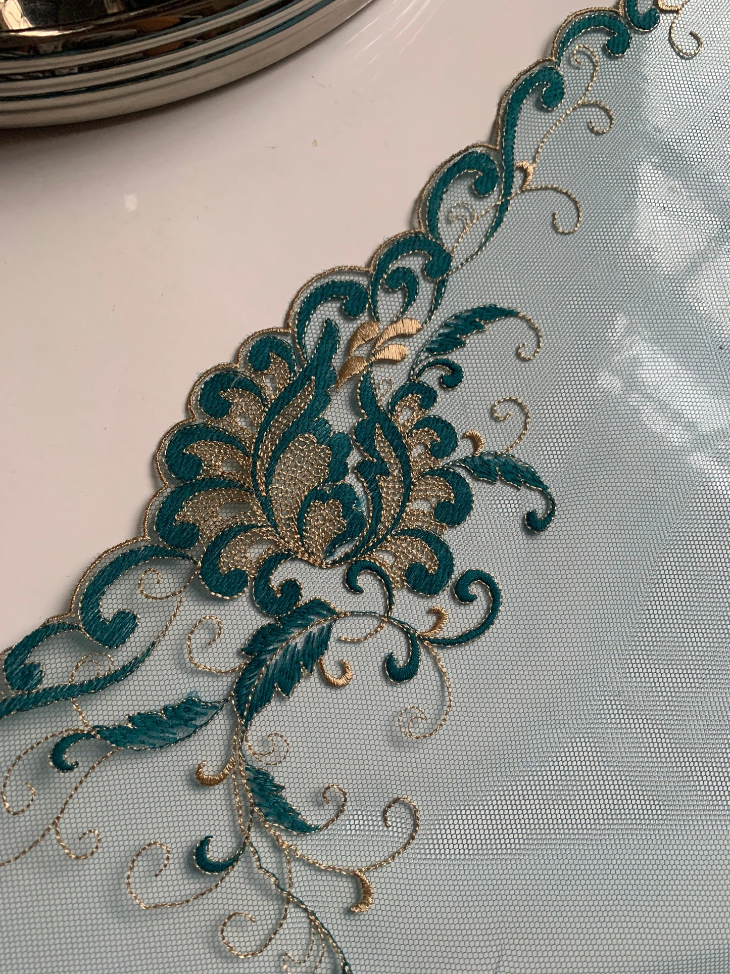 Blue Champagne Gold Lace Trim 10”/25.5cm Embroidered Floral Scallop Edge Fabric for Bra Making Bramaking Knickers Lingerie Sewing Craft