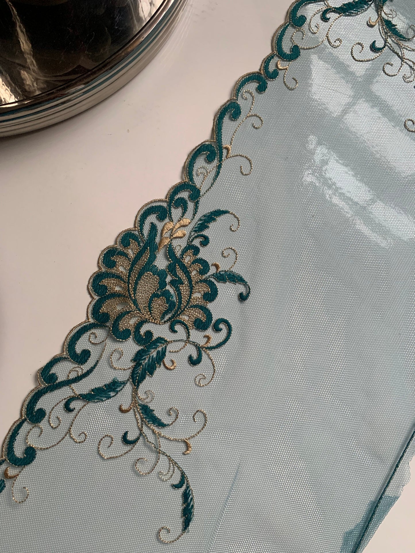 Blue Champagne Gold Lace Trim 10”/25.5cm Embroidered Floral Scallop Edge Fabric for Bra Making Bramaking Knickers Lingerie Sewing Craft