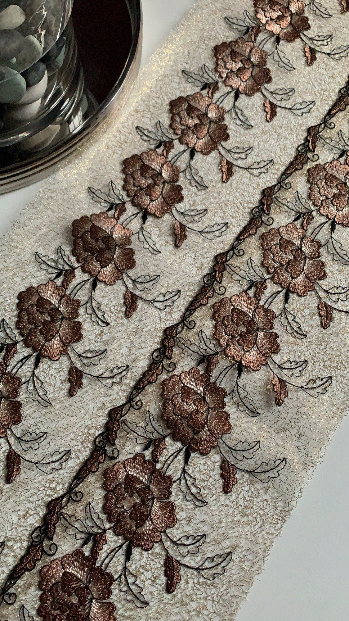 Gold Brown Embroidered Wide Lace Gauze Trim Duo Dual Floral Scallop Edge Fabric for Bra Making Bramaking Knickers Lingerie Sewing Craft
