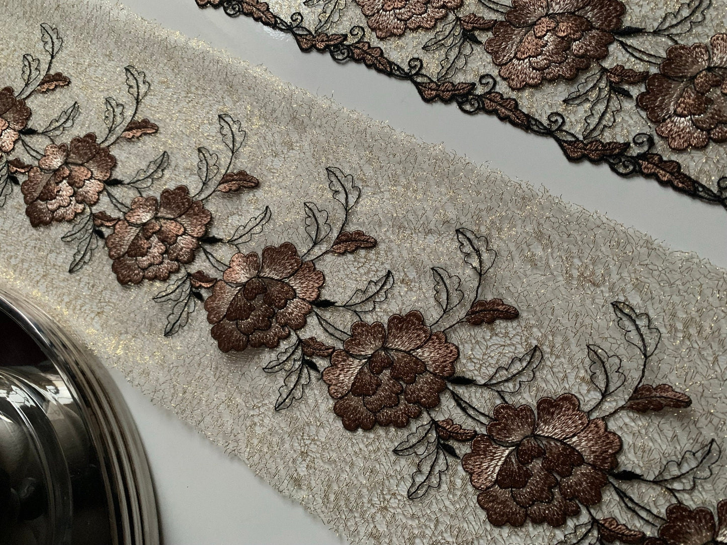 Gold Brown Embroidered Wide Lace Gauze Trim Duo Dual Floral Scallop Edge Fabric for Bra Making Bramaking Knickers Lingerie Sewing Craft