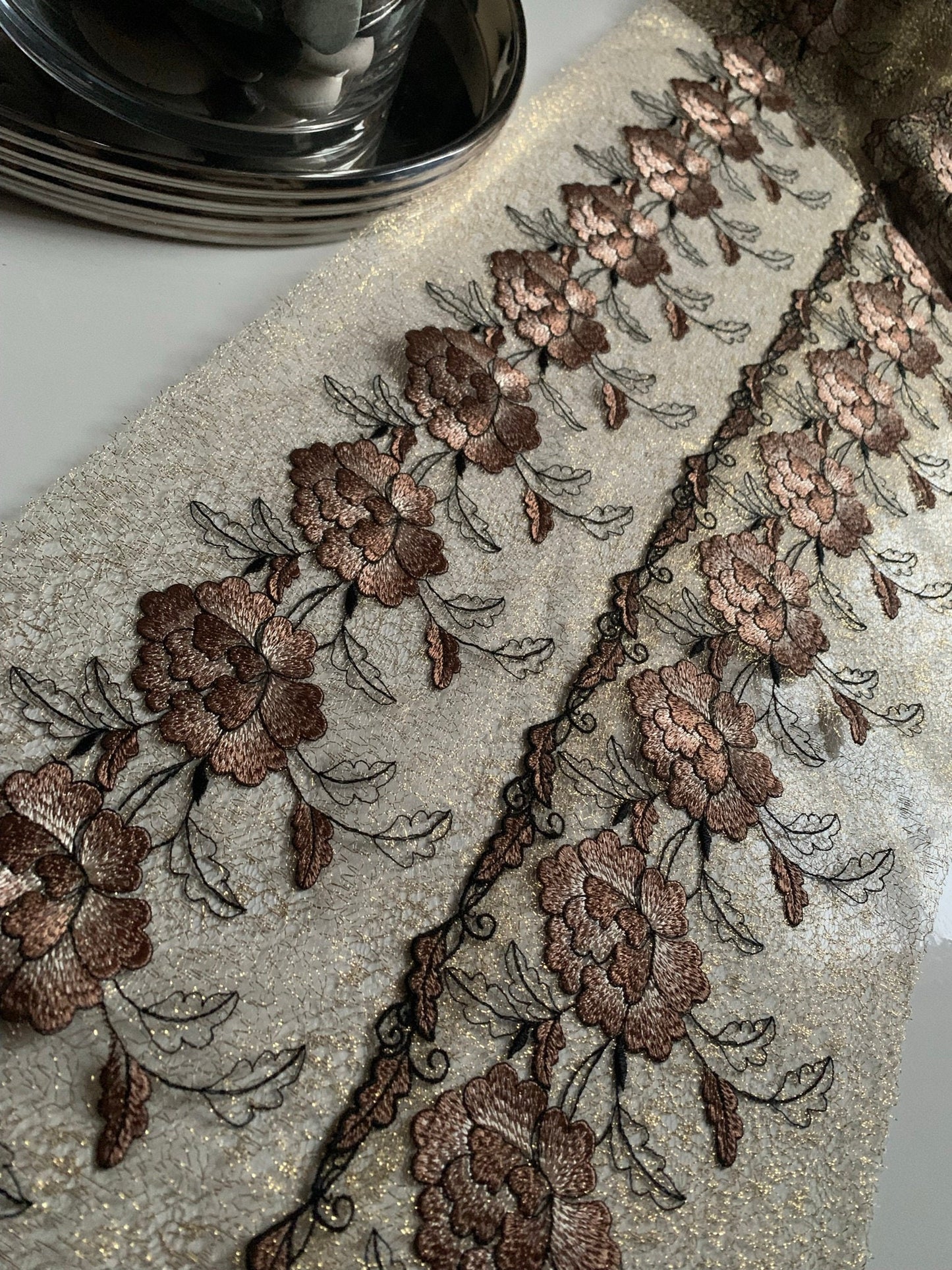 Gold Brown Embroidered Wide Lace Gauze Trim Duo Dual Floral Scallop Edge Fabric for Bra Making Bramaking Knickers Lingerie Sewing Craft