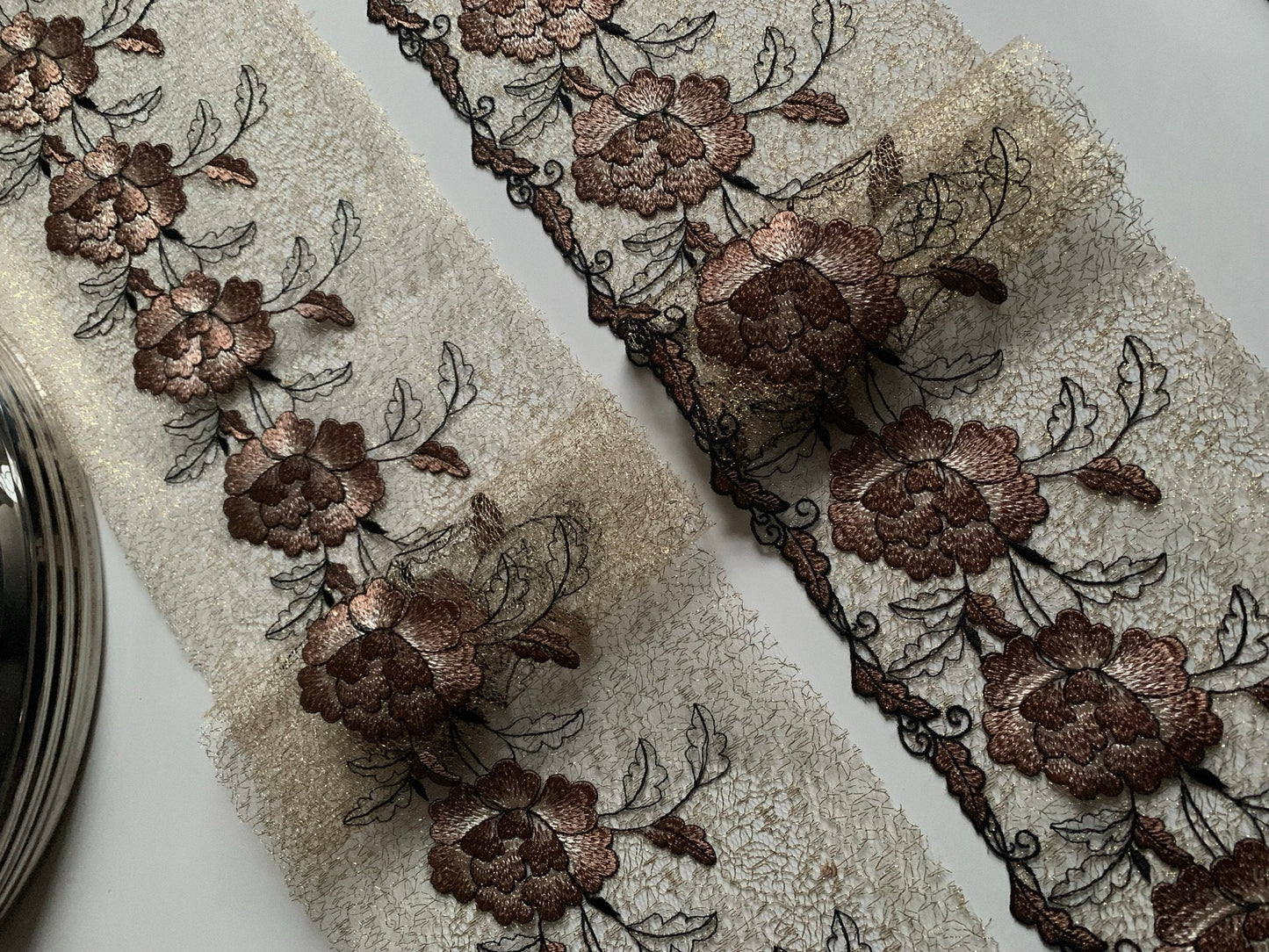 Gold Brown Embroidered Wide Lace Gauze Trim Duo Dual Floral Scallop Edge Fabric for Bra Making Bramaking Knickers Lingerie Sewing Craft