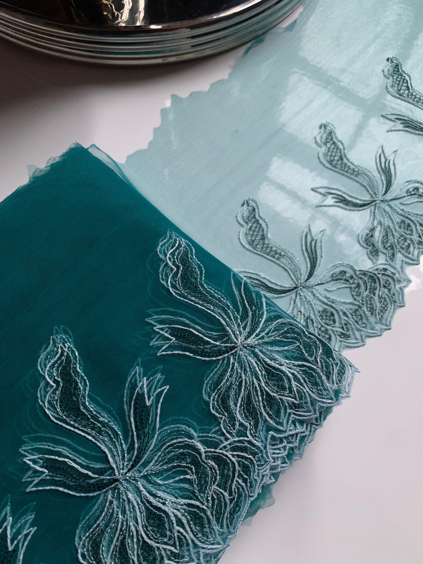 Mint Blue Green Tulle Lace Trim 8”/20cm Embroidered Floral Scallop Edge Fabric for Bra Making Bramaking Knickers Lingerie Sewing Craft