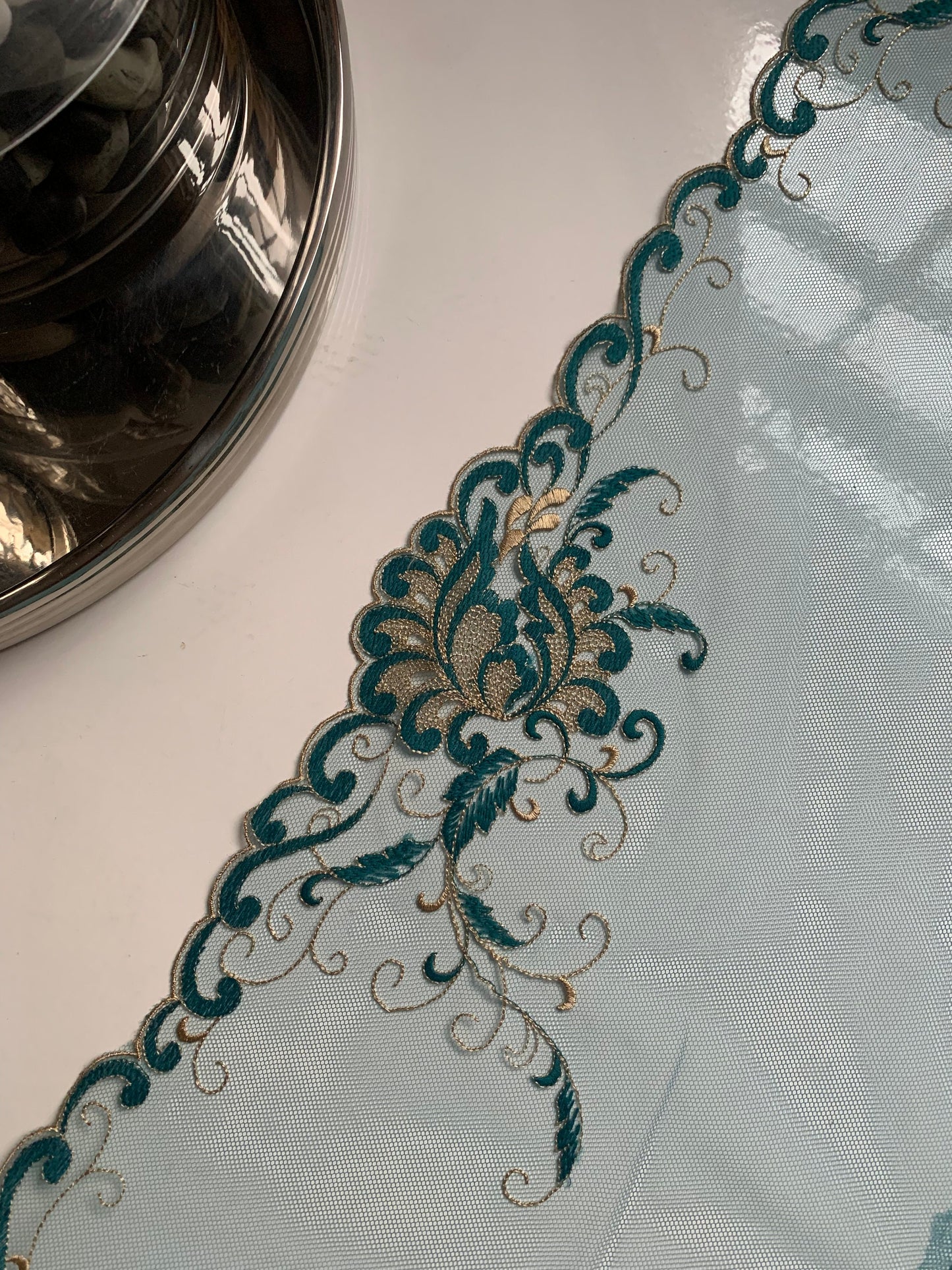 Blue Champagne Gold Lace Trim 10”/25.5cm Embroidered Floral Scallop Edge Fabric for Bra Making Bramaking Knickers Lingerie Sewing Craft