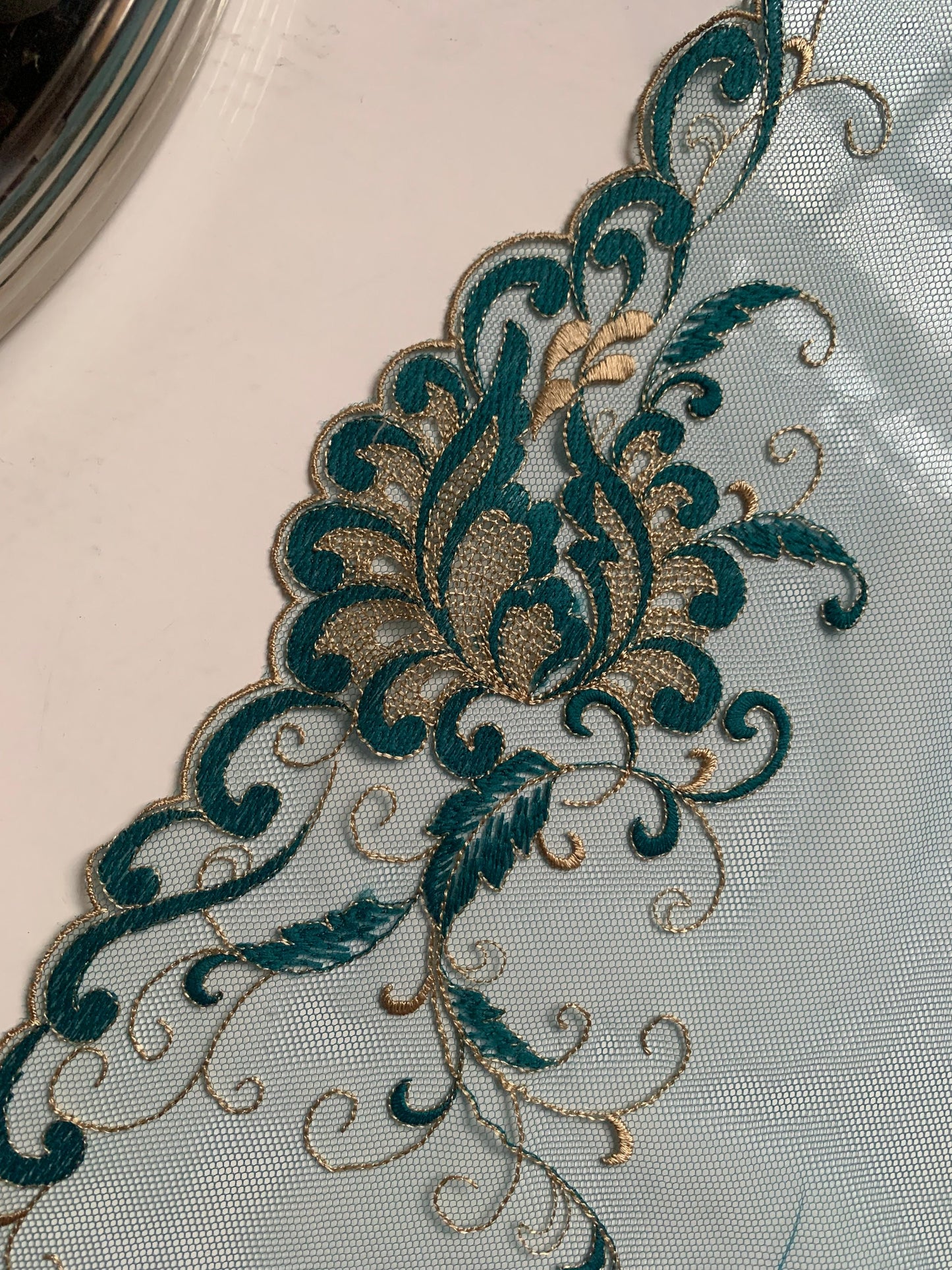 Blue Champagne Gold Lace Trim 10”/25.5cm Embroidered Floral Scallop Edge Fabric for Bra Making Bramaking Knickers Lingerie Sewing Craft