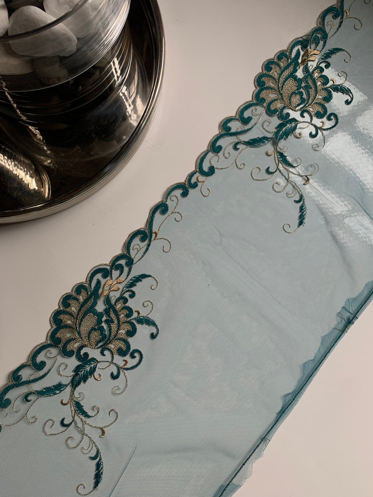 Blue Champagne Gold Lace Trim 10”/25.5cm Embroidered Floral Scallop Edge Fabric for Bra Making Bramaking Knickers Lingerie Sewing Craft