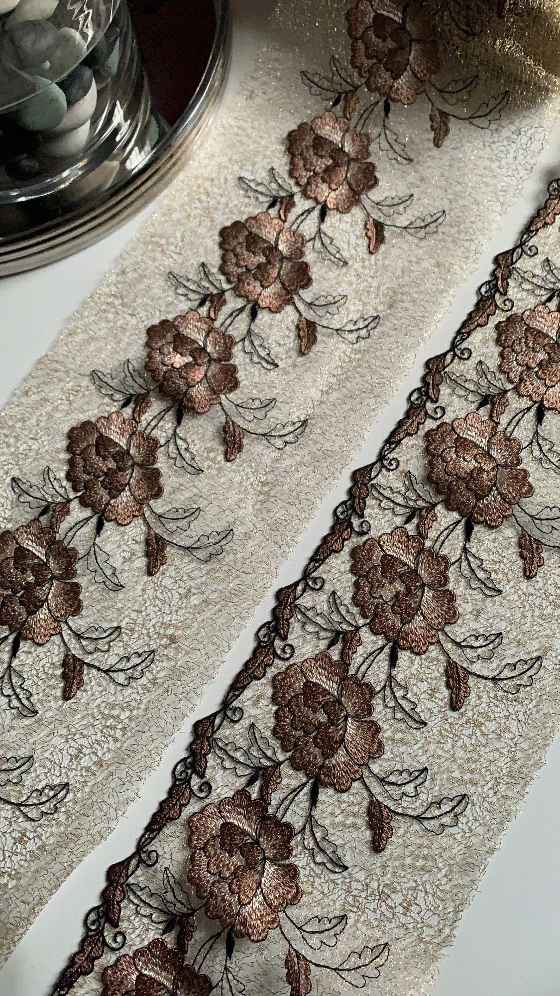 Gold Brown Embroidered Wide Lace Gauze Trim Duo Dual Floral Scallop Edge Fabric for Bra Making Bramaking Knickers Lingerie Sewing Craft