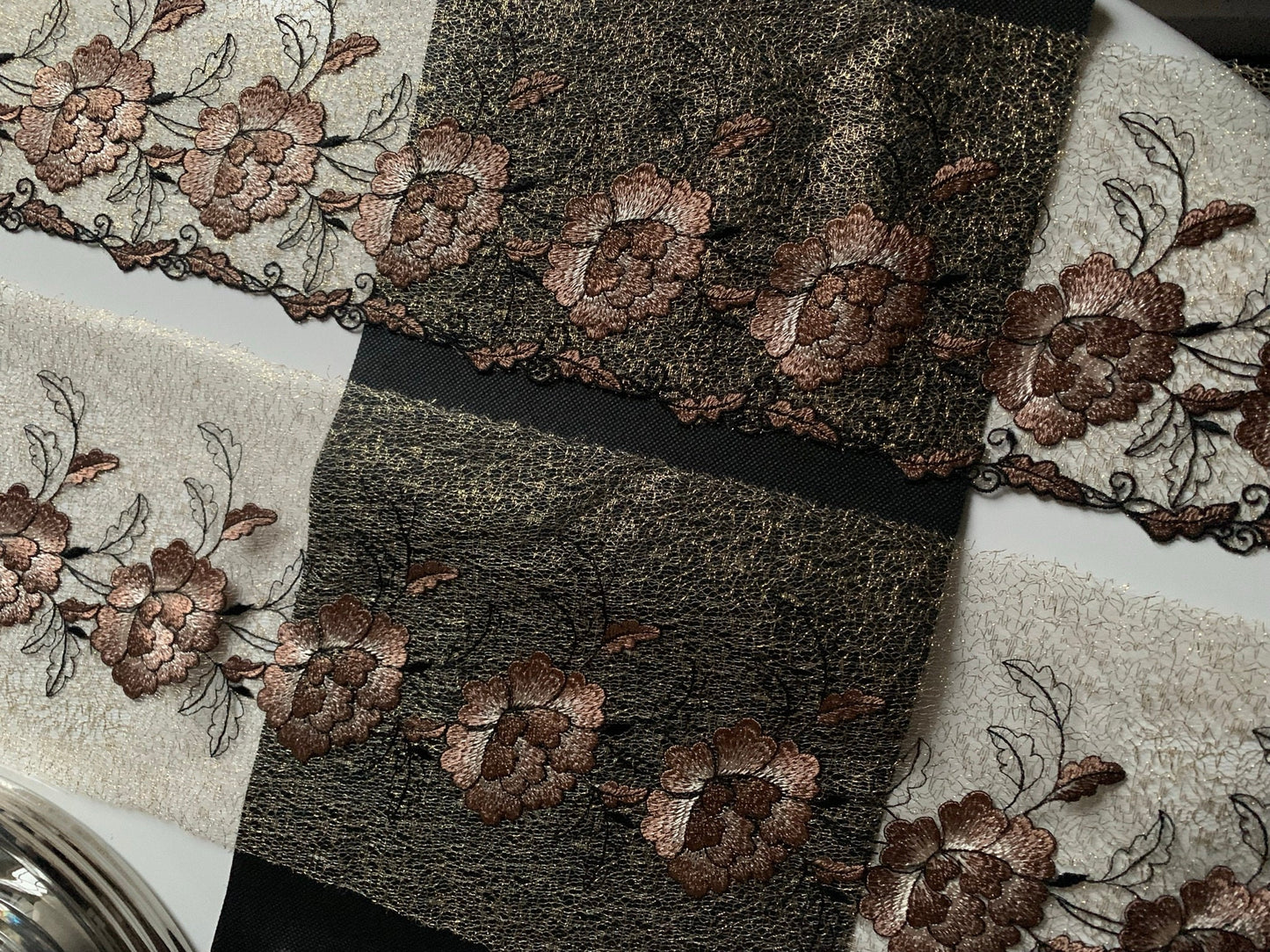 Gold Brown Embroidered Wide Lace Gauze Trim Duo Dual Floral Scallop Edge Fabric for Bra Making Bramaking Knickers Lingerie Sewing Craft