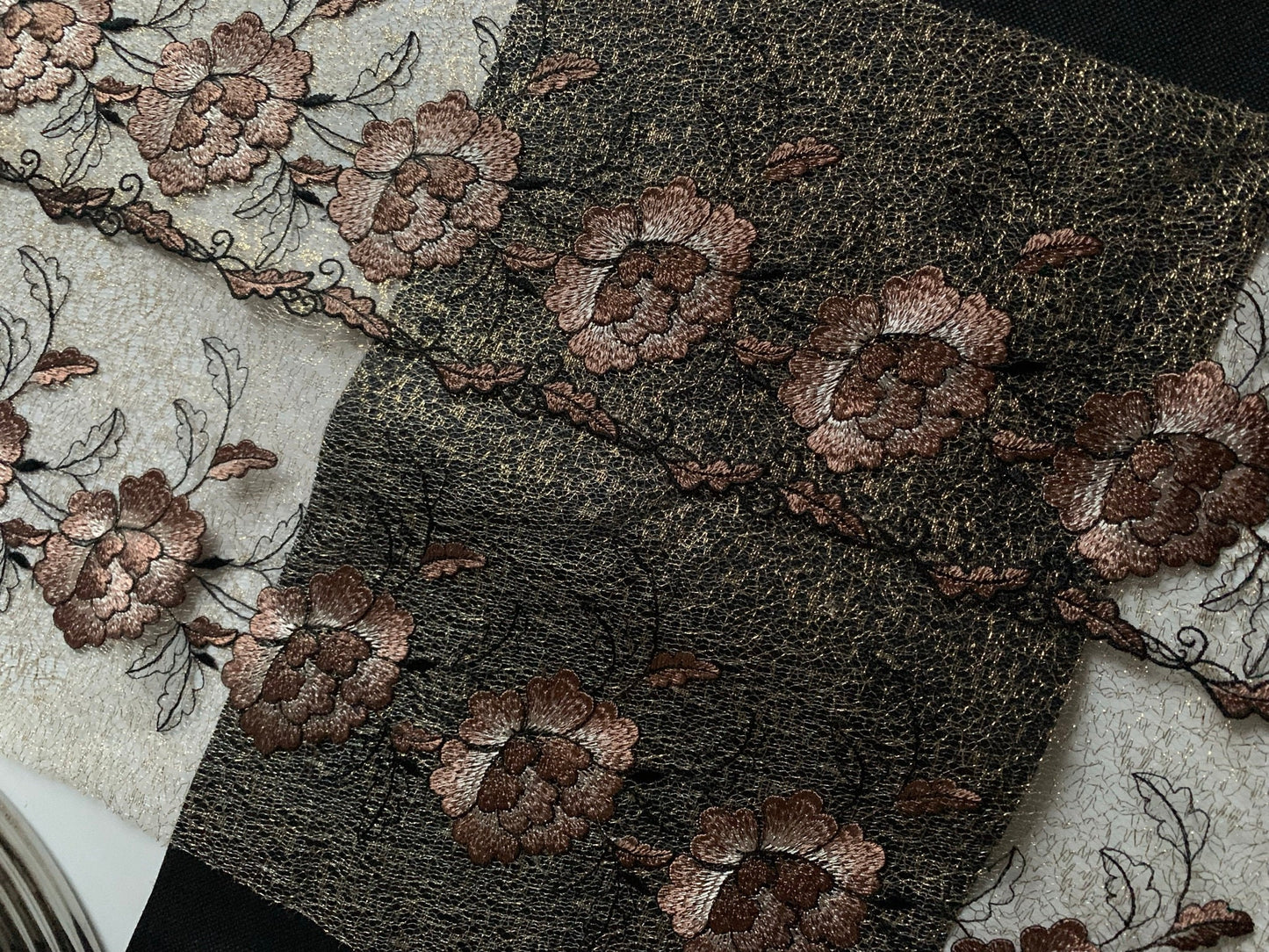 Gold Brown Embroidered Wide Lace Gauze Trim Duo Dual Floral Scallop Edge Fabric for Bra Making Bramaking Knickers Lingerie Sewing Craft