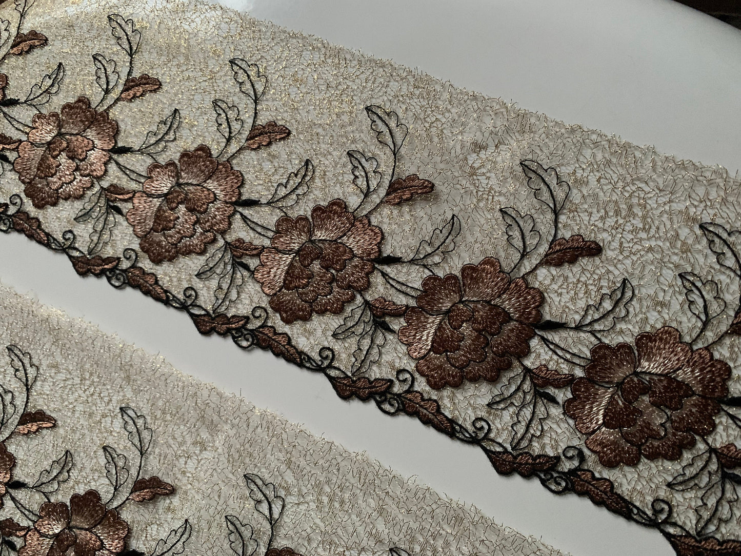 Gold Brown Embroidered Wide Lace Gauze Trim Duo Dual Floral Scallop Edge Fabric for Bra Making Bramaking Knickers Lingerie Sewing Craft