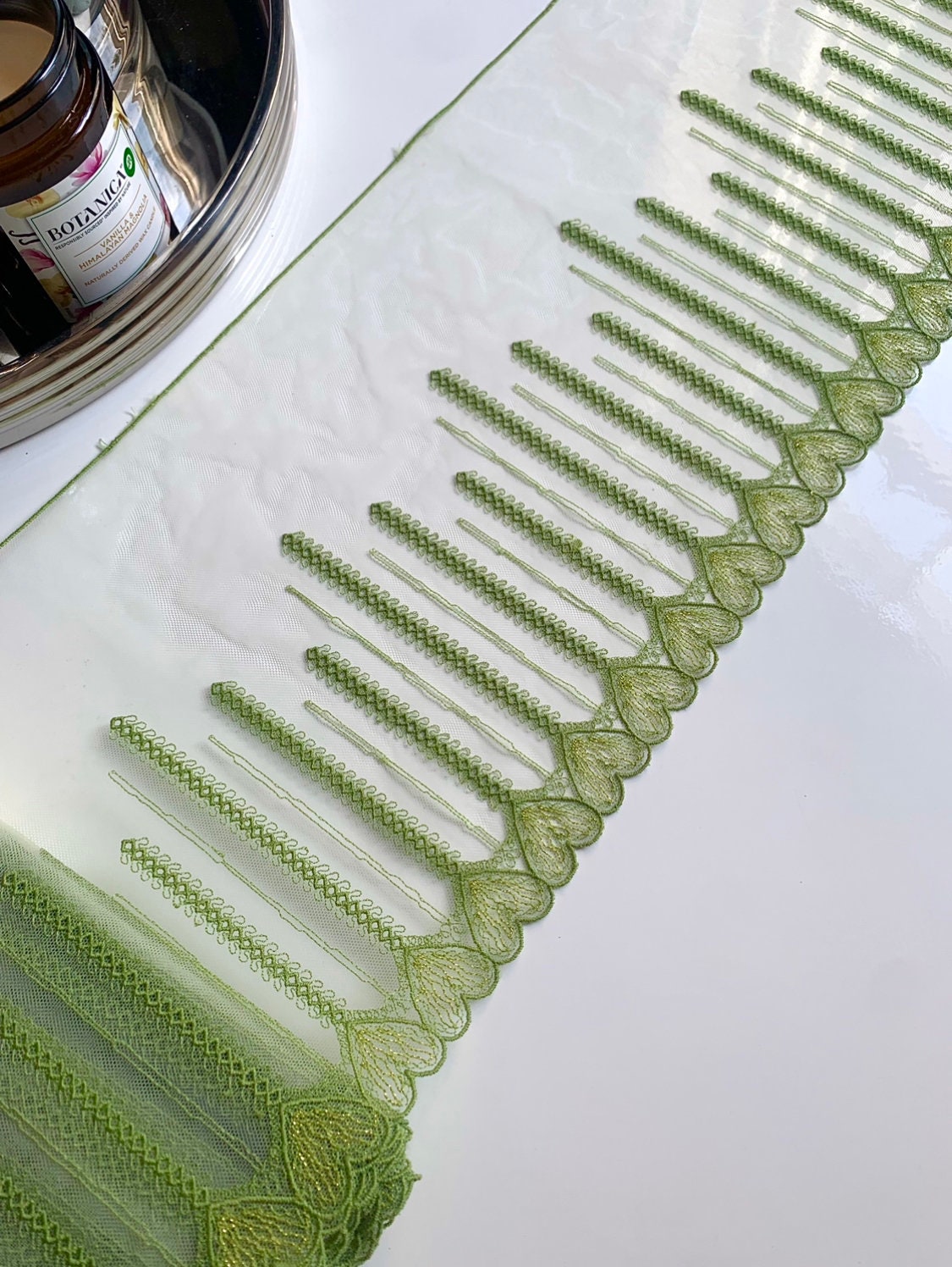 Green Gold Shimmer Hearts Embroidered Lace Trim 8”/20cm Floral Scallop Edge Fabric for Bra Making Bramaking Knickers Lingerie Sewing