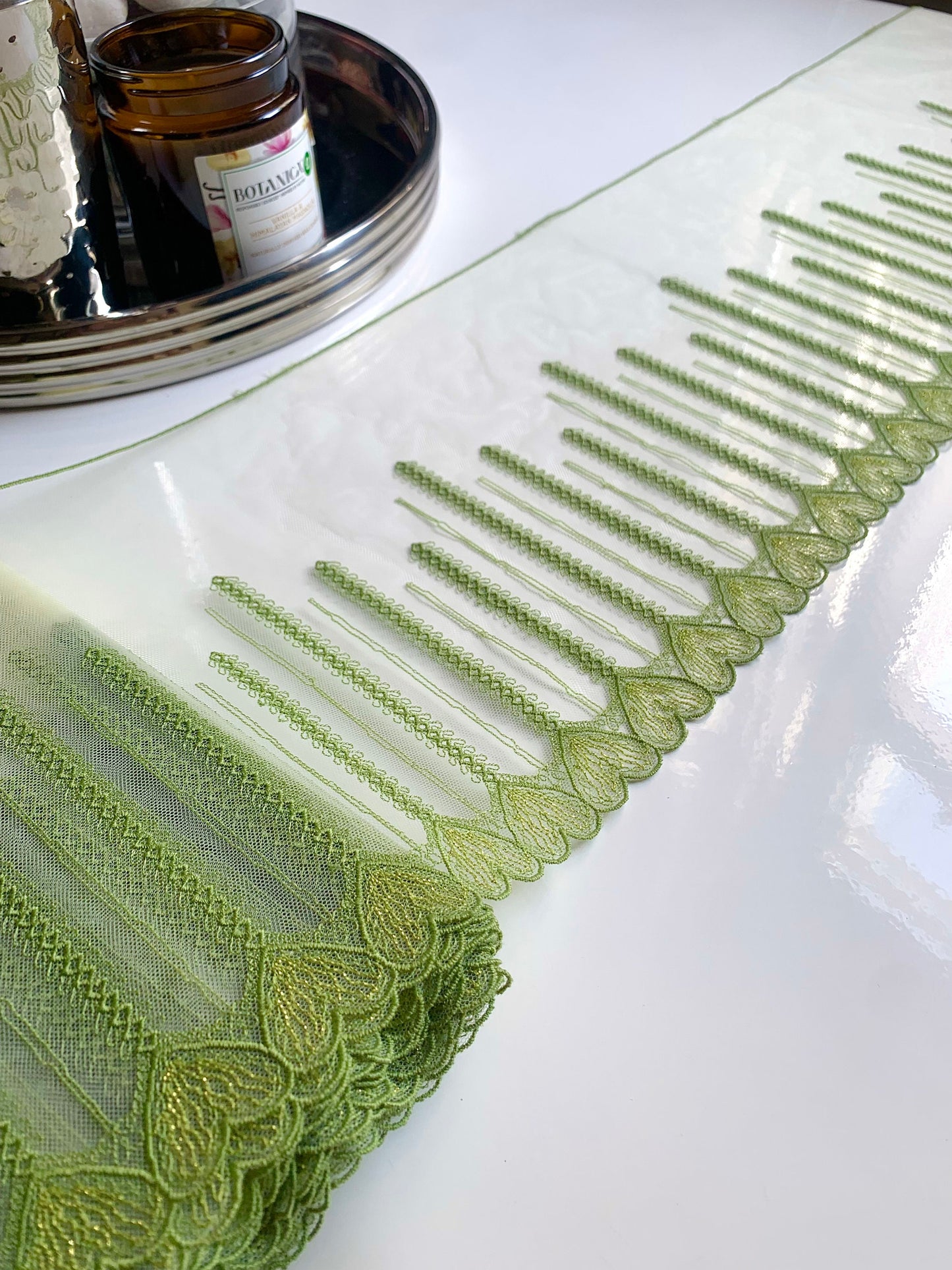 Green Gold Shimmer Hearts Embroidered Lace Trim 8”/20cm Floral Scallop Edge Fabric for Bra Making Bramaking Knickers Lingerie Sewing